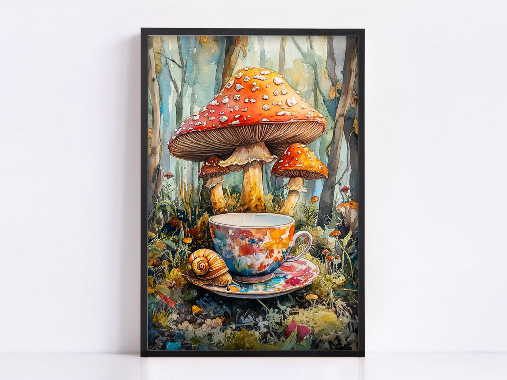 A framed painting depicting a cup of tea surrounded by a variety of mushrooms in a forest setting.