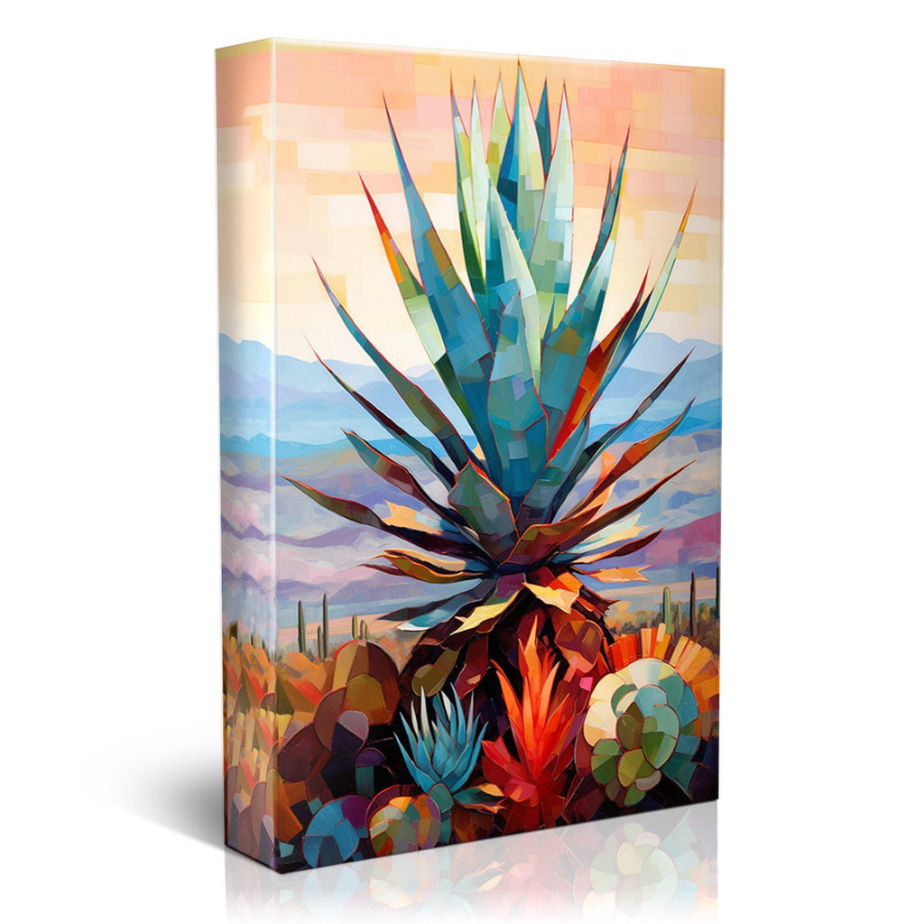 The image is a vibrant, colorful painting depicting a desert landscape with a large, stylized cactus in the foreground.