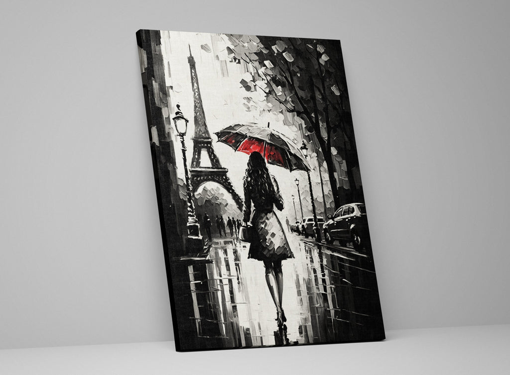 Parisian Canvas Art – Black and White Art with Red Umbrella | Large Gallery Ready Canvas Print