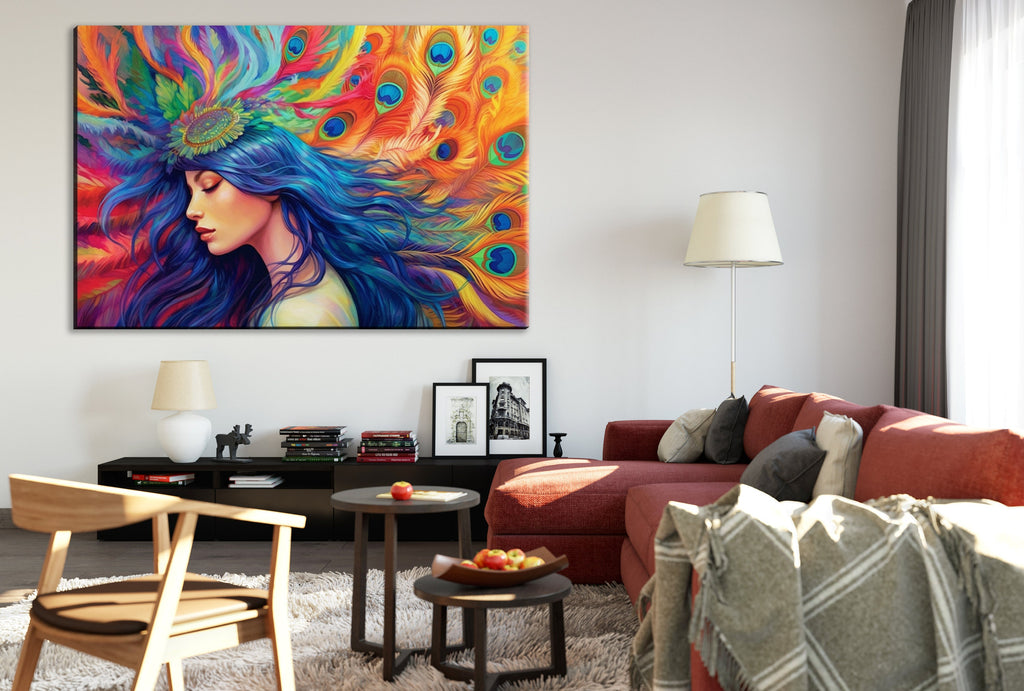 Peacock Feather Wall Art – Elegant Woman Portrait Canvas with Ornate Feather Headpiece