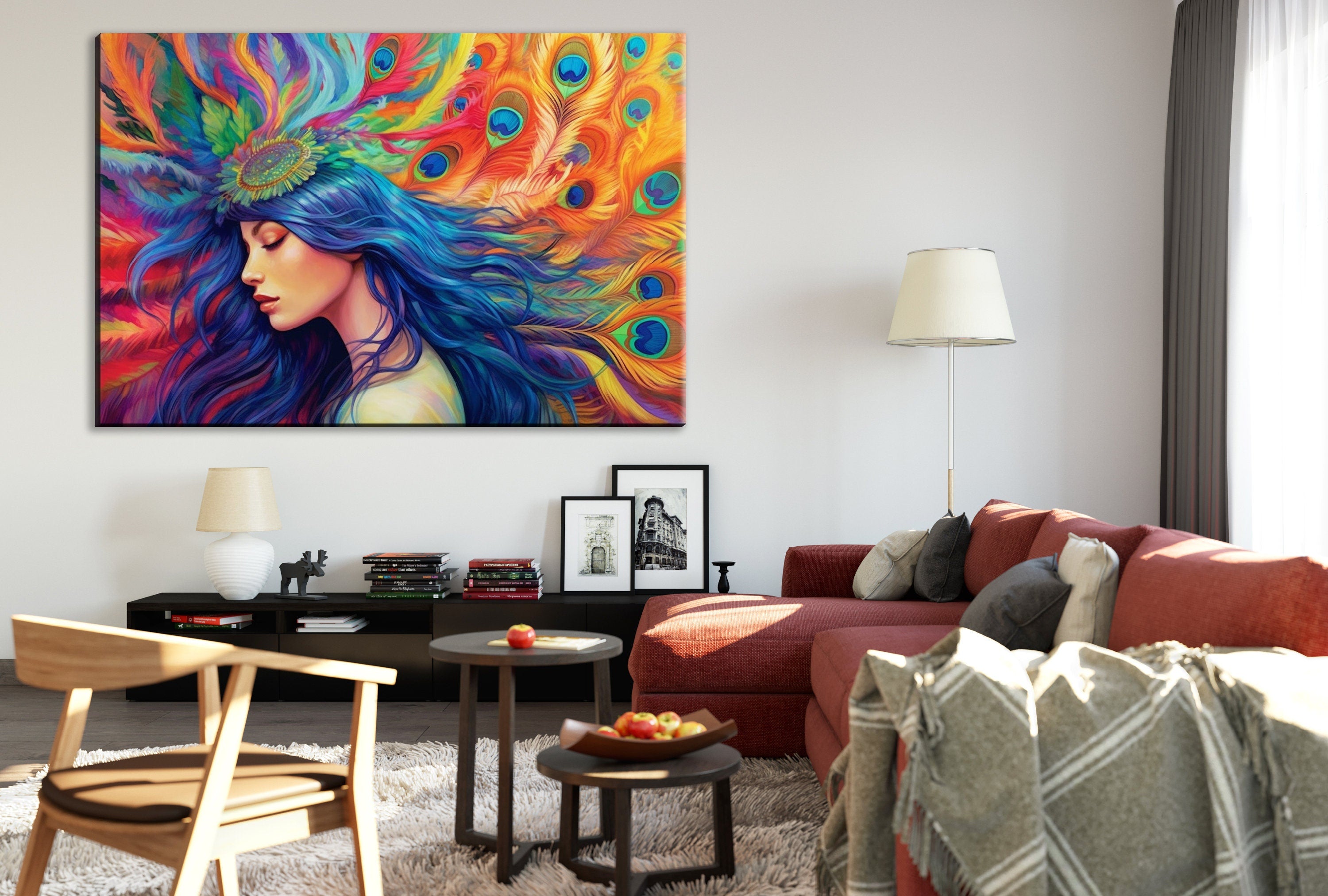 Peacock Feather Wall Art – Elegant Woman Portrait Canvas with Ornate Feather Headpiece