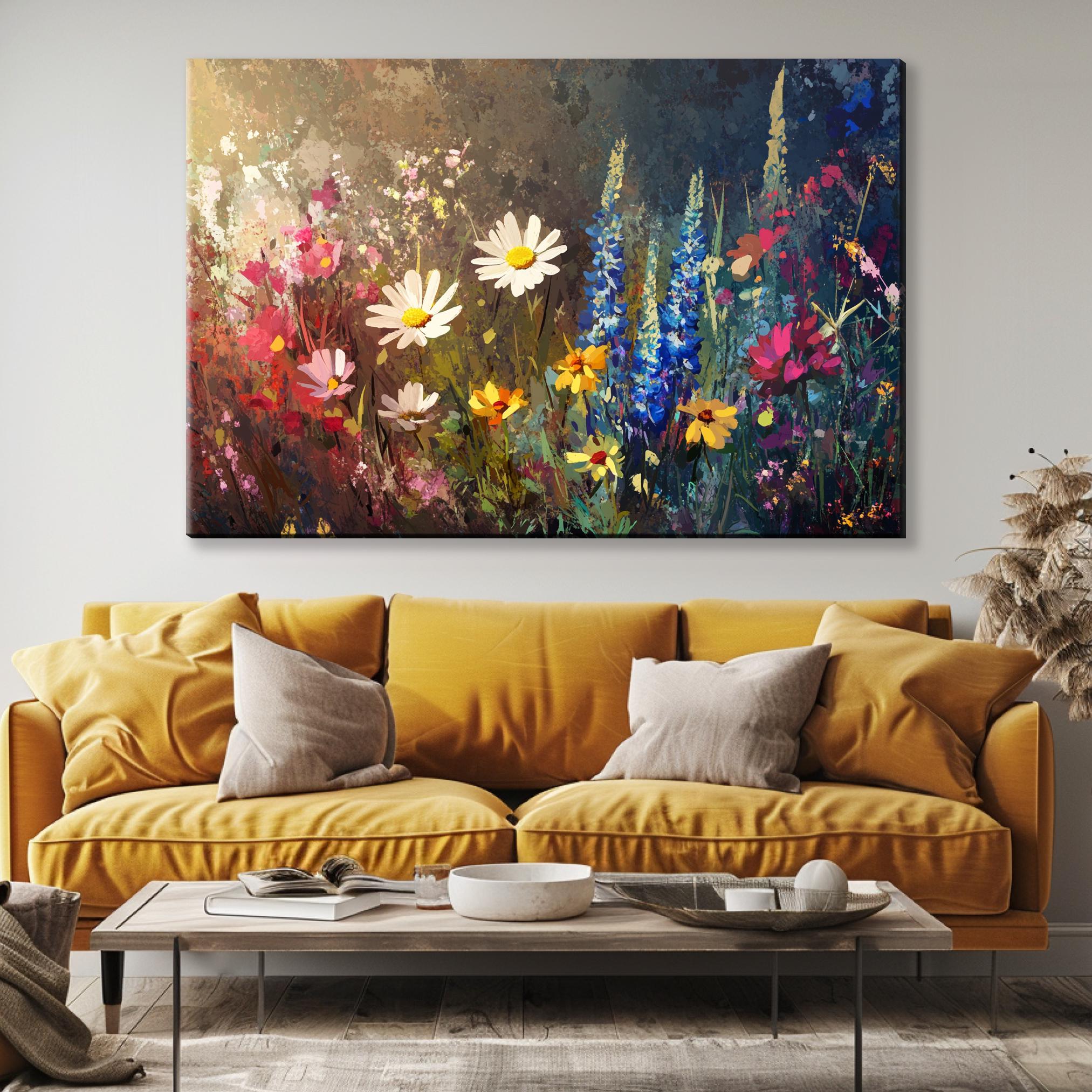 a living room with a couch and a painting on the wall