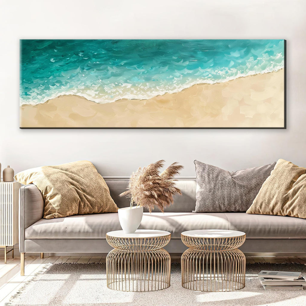 a living room with a couch and a painting on the wall
