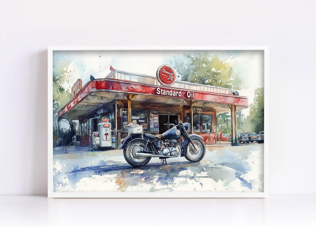 A vintage-style painting depicting a classic gas station with a motorcycle parked in front of it.