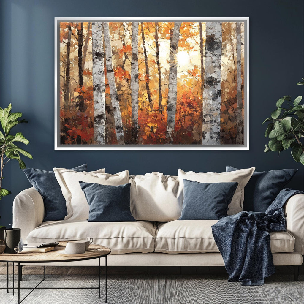 Autumn Birch Tree Wall Art - Extra Large Canvas | Cozy Fall Painting, Framed Birch Canvas