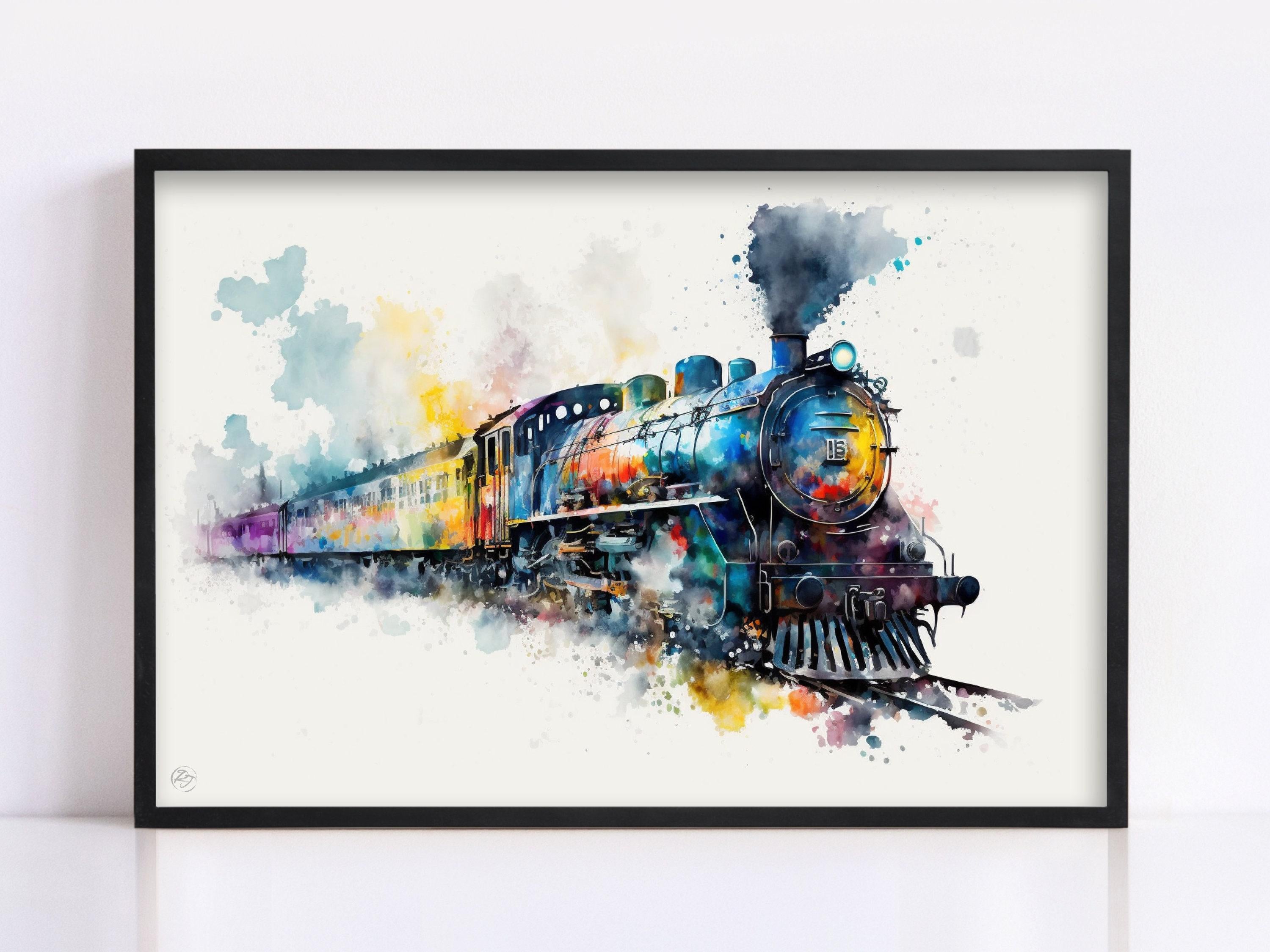 Vintage Locomotive: Watercolor Train Wall Art Print, Giclee Print on Canvas, Artist Paper, Watercolor Paper, Available in Extra Large Sizes