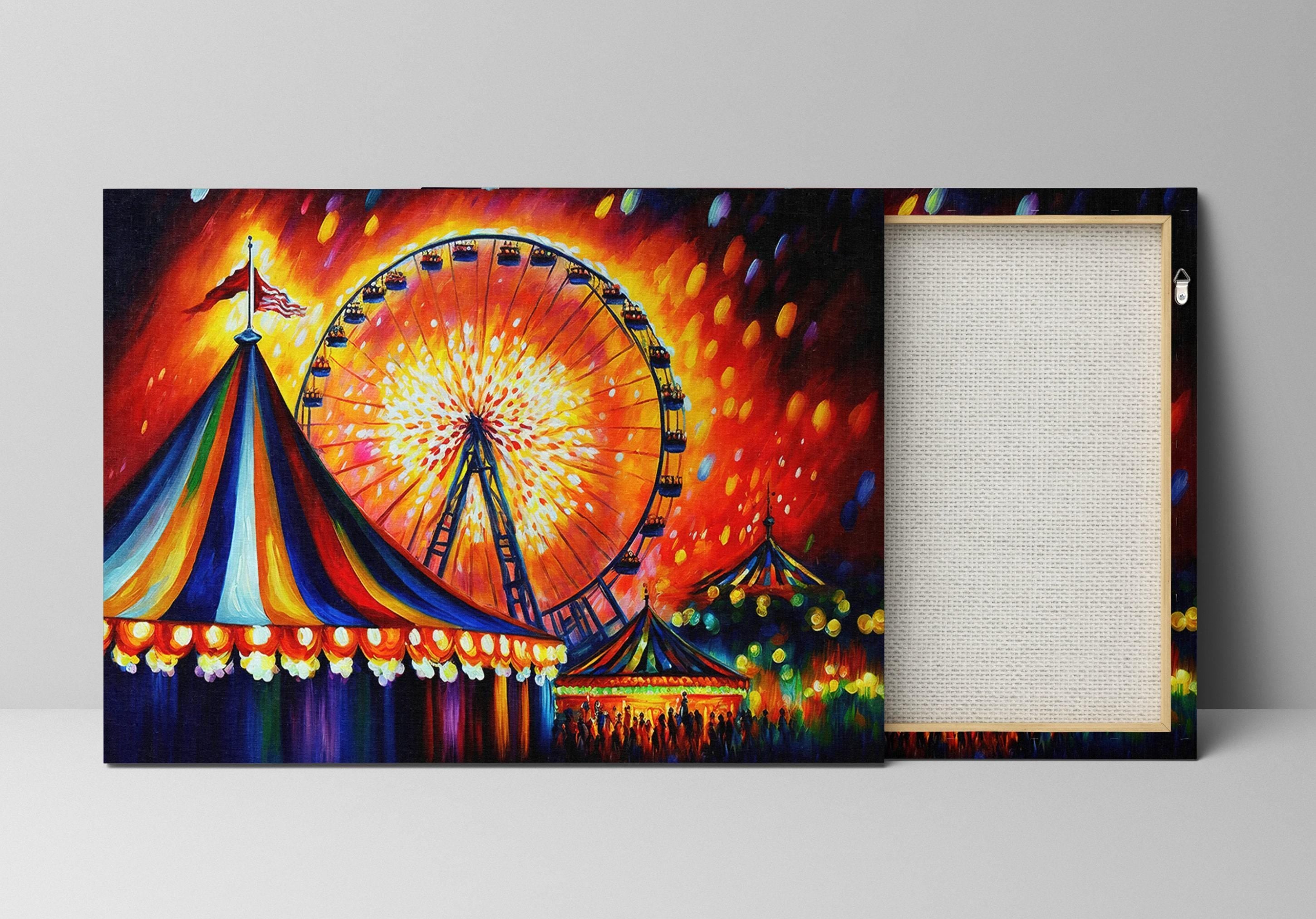 Carnival Canvas Wall Art – Vibrant Circus Painting Print With Ferris Wheel Giclee