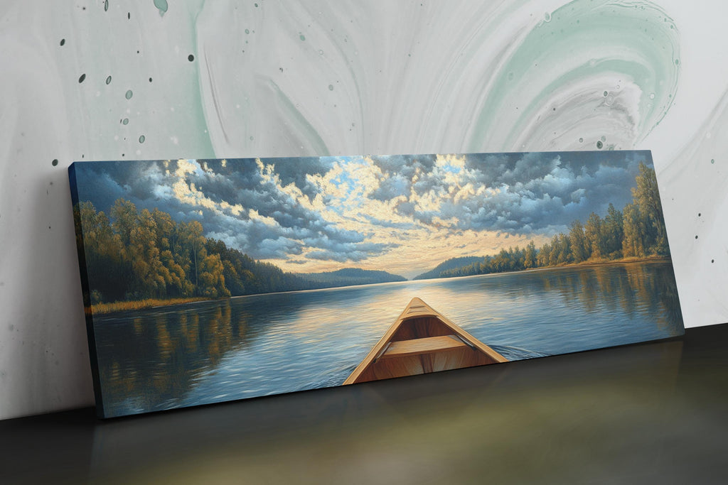 a painting of a boat on a lake