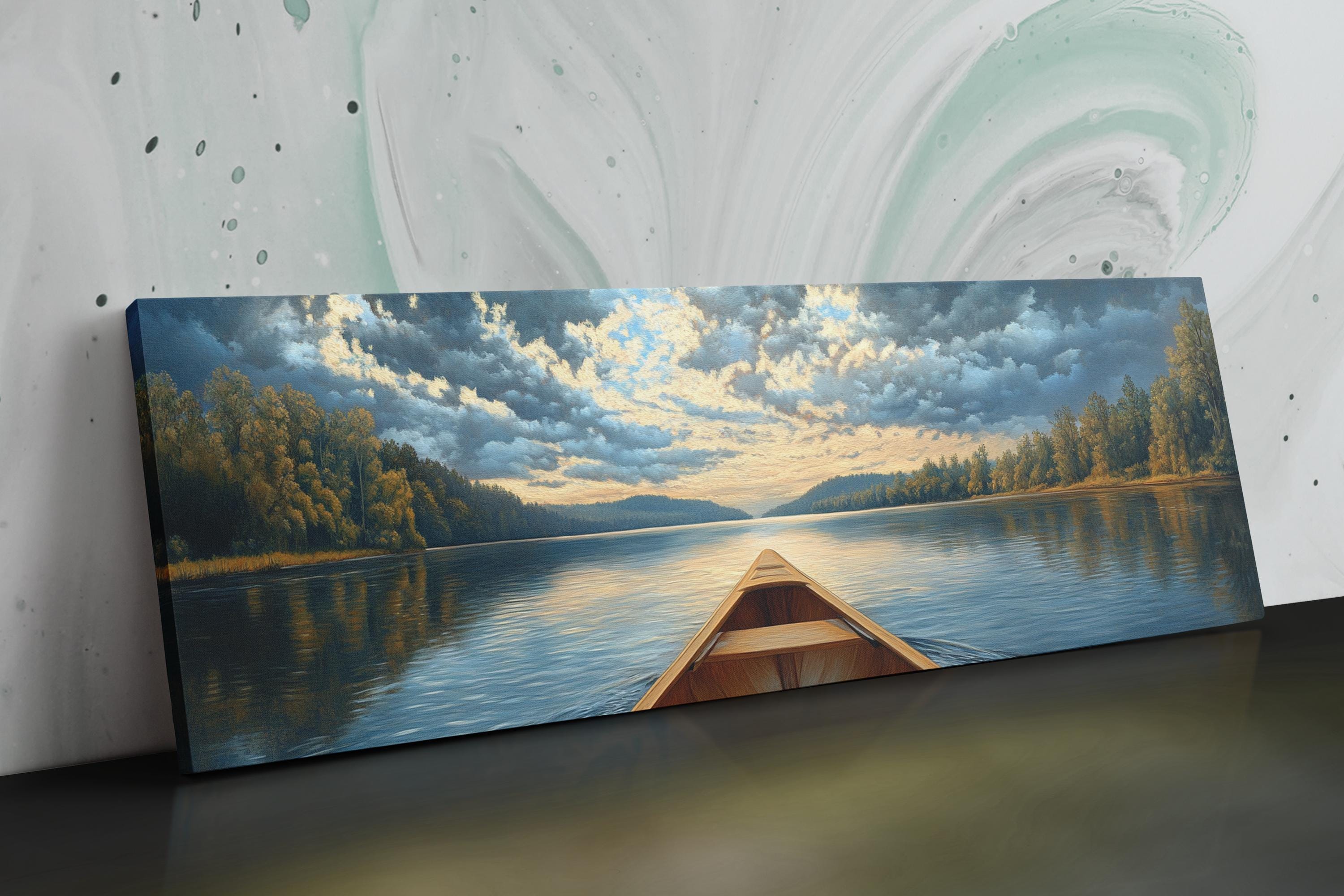 a painting of a boat on a lake