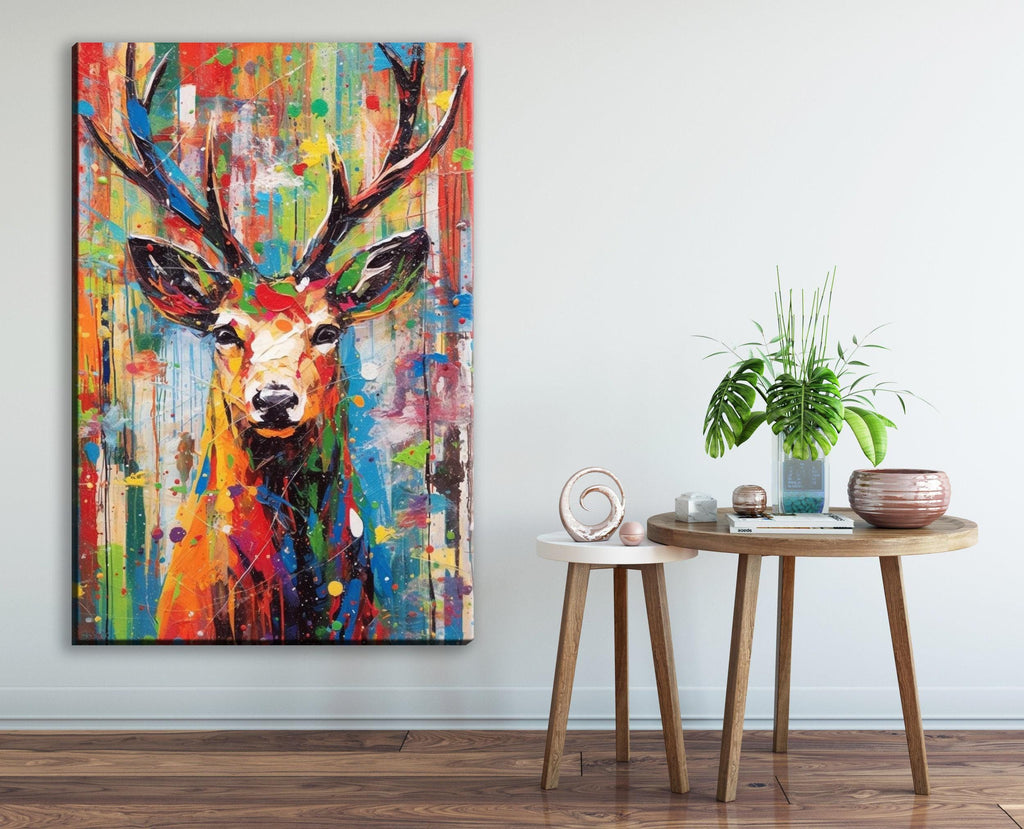 Christmas Reindeer Art - Colorful Pop Art Holiday Wall Decor | Extra Large Canvas Print