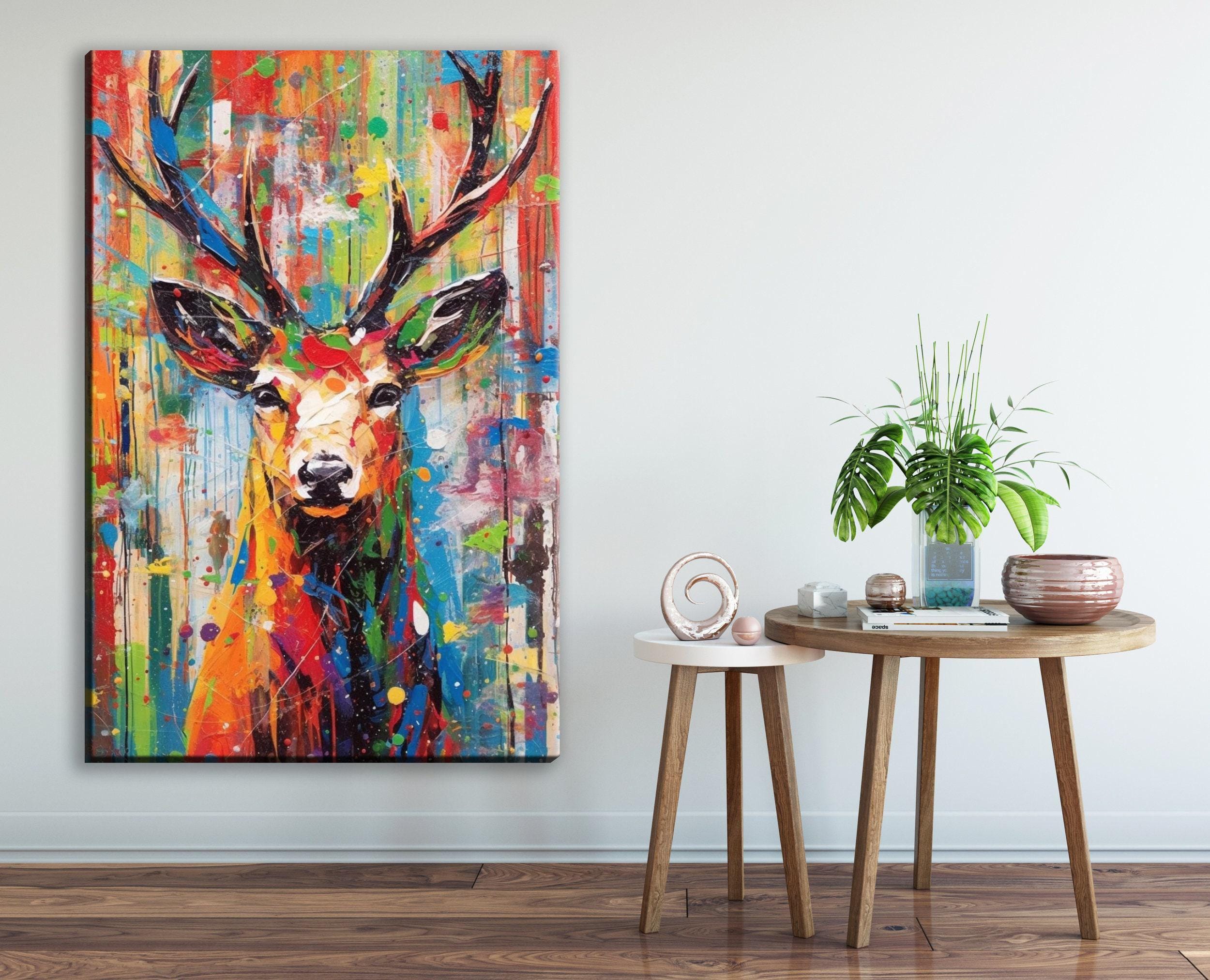 Christmas Reindeer Art - Colorful Pop Art Holiday Wall Decor | Extra Large Canvas Print