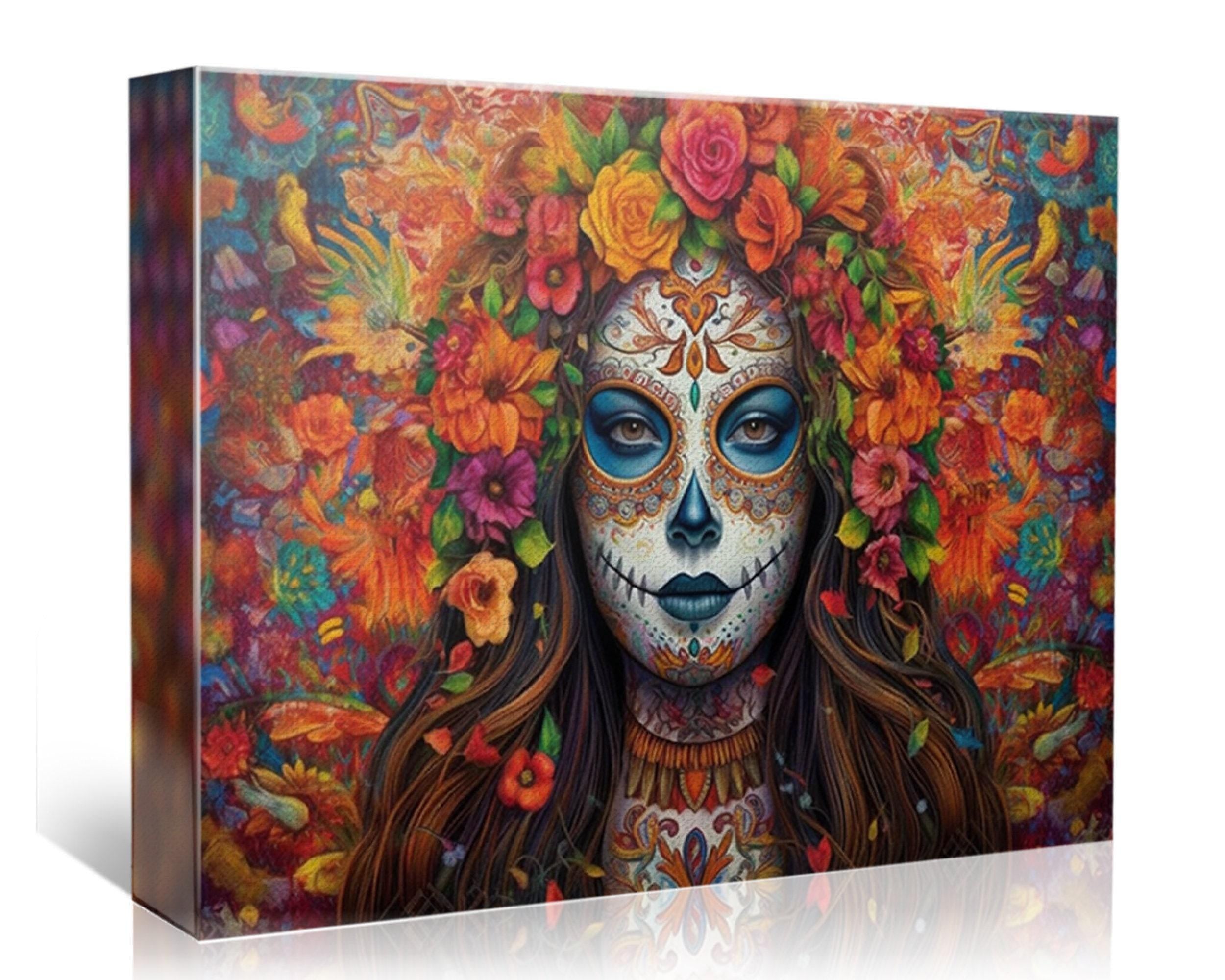A colorful and intricate painting depicting a woman with a Day of the Dead-inspired face, surrounded by a vibrant floral and nature-inspired background.