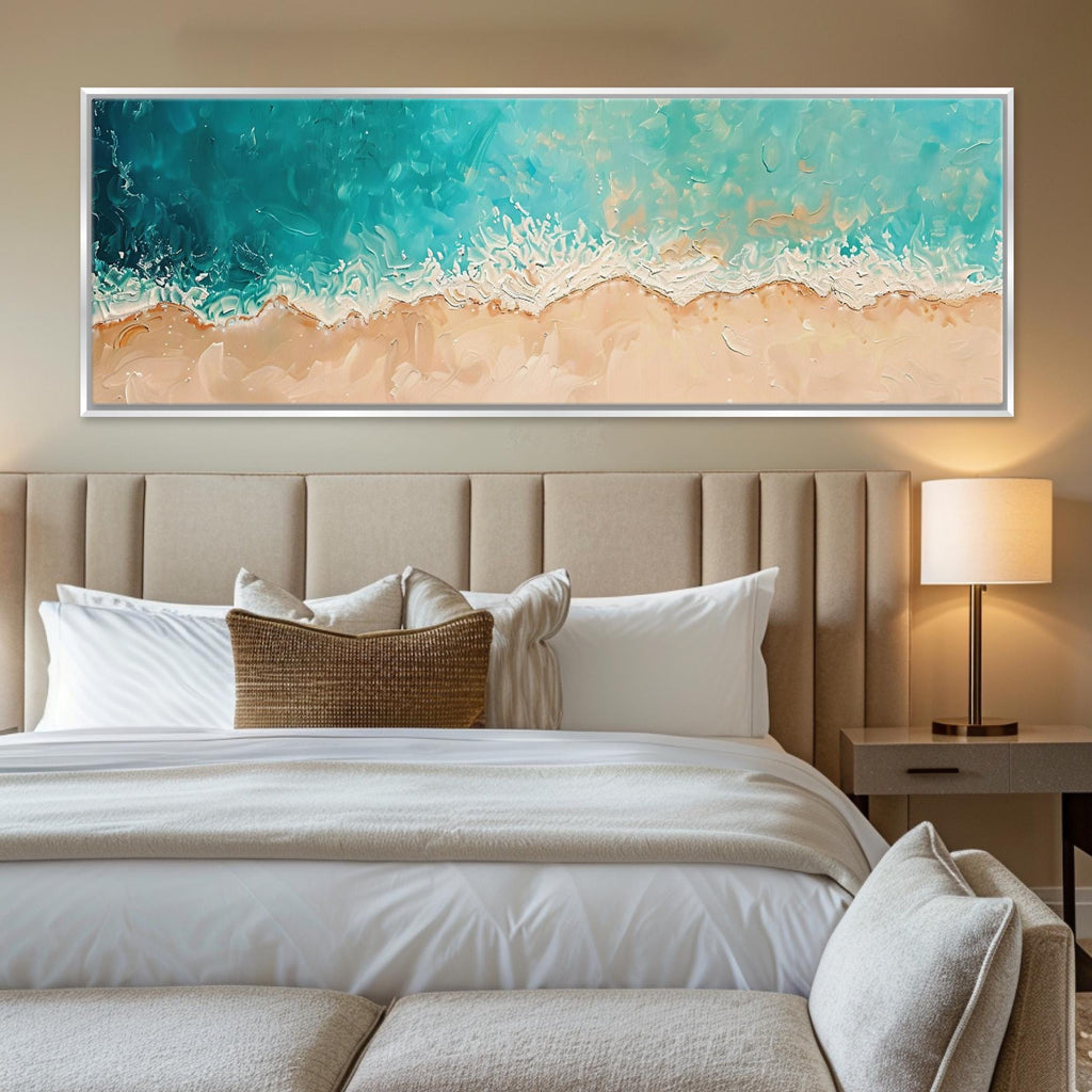 a bedroom with a large painting on the wall above the bed