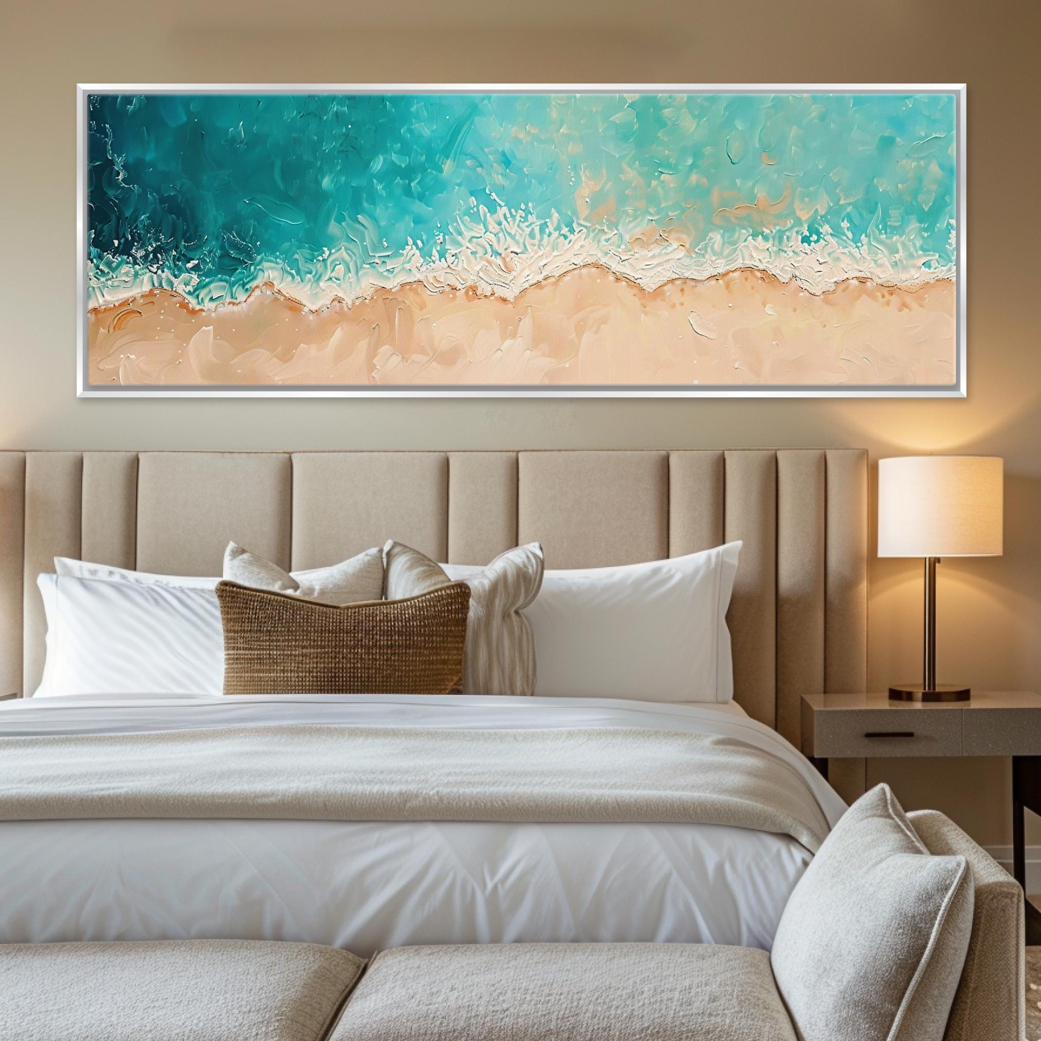 a bedroom with a large painting on the wall above the bed