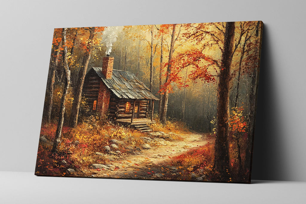 a rustic log cabin nestled in a serene forest, surrounded by vibrant autumn foliage.