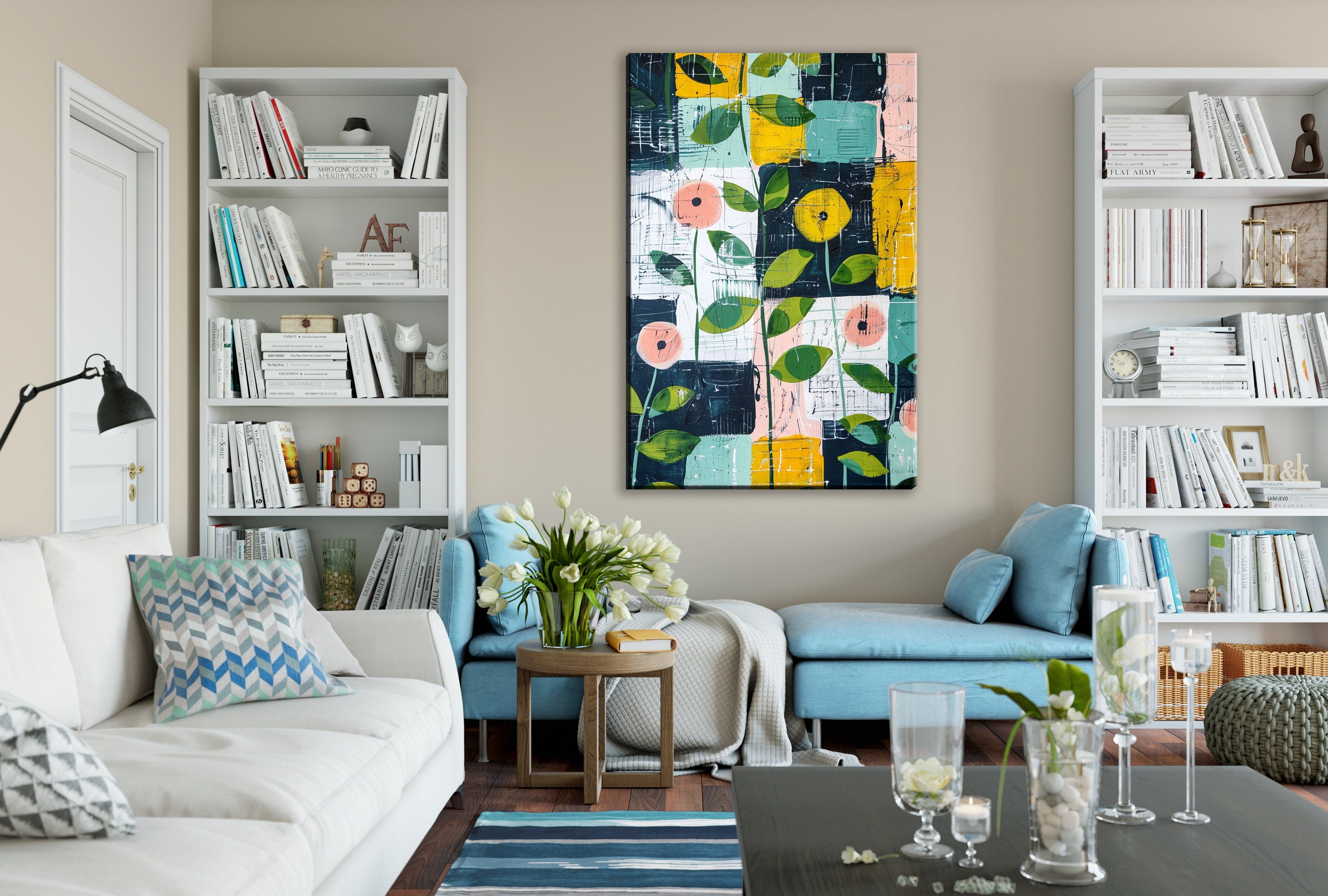 Farmhouse Floral Wall Art – Gallery Wrapped Canvas | Extra Large Floral Pattern Print