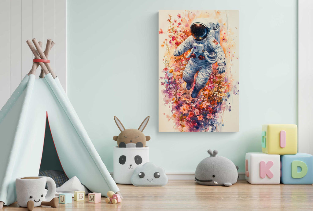 A child's bedroom with a teepee, stuffed animals, and alphabet blocks. A painting of an astronaut is hanging on the wall, and there are various toys and stuffed animals scattered around the room.