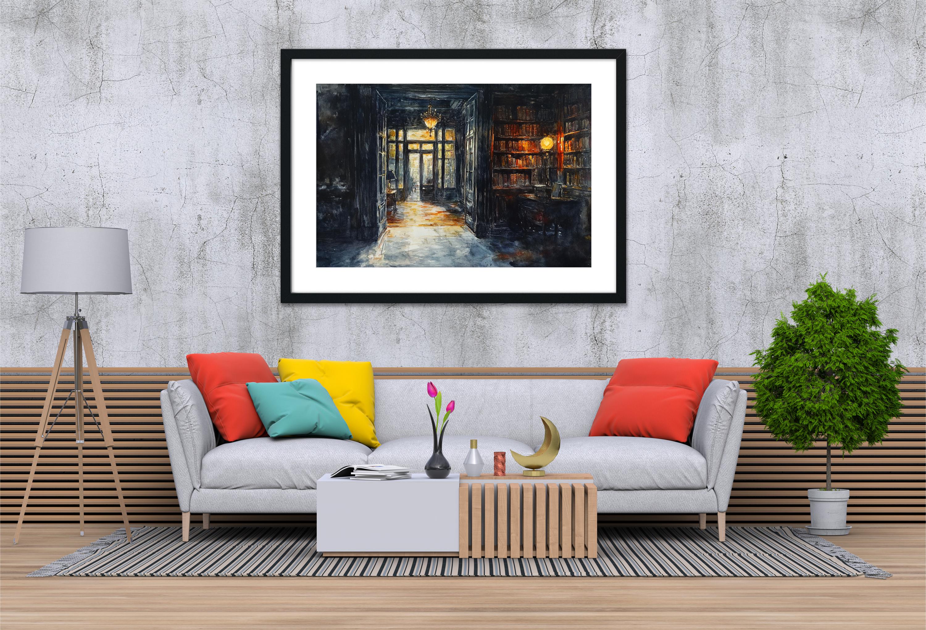 a cozy living room with a gray sofa adorned with colorful pillows, a wooden coffee table, and a framed painting of a hallway with a bookcase. The painting is hung on a concrete wall above the sofa, creating a warm and inviting atmosphere.