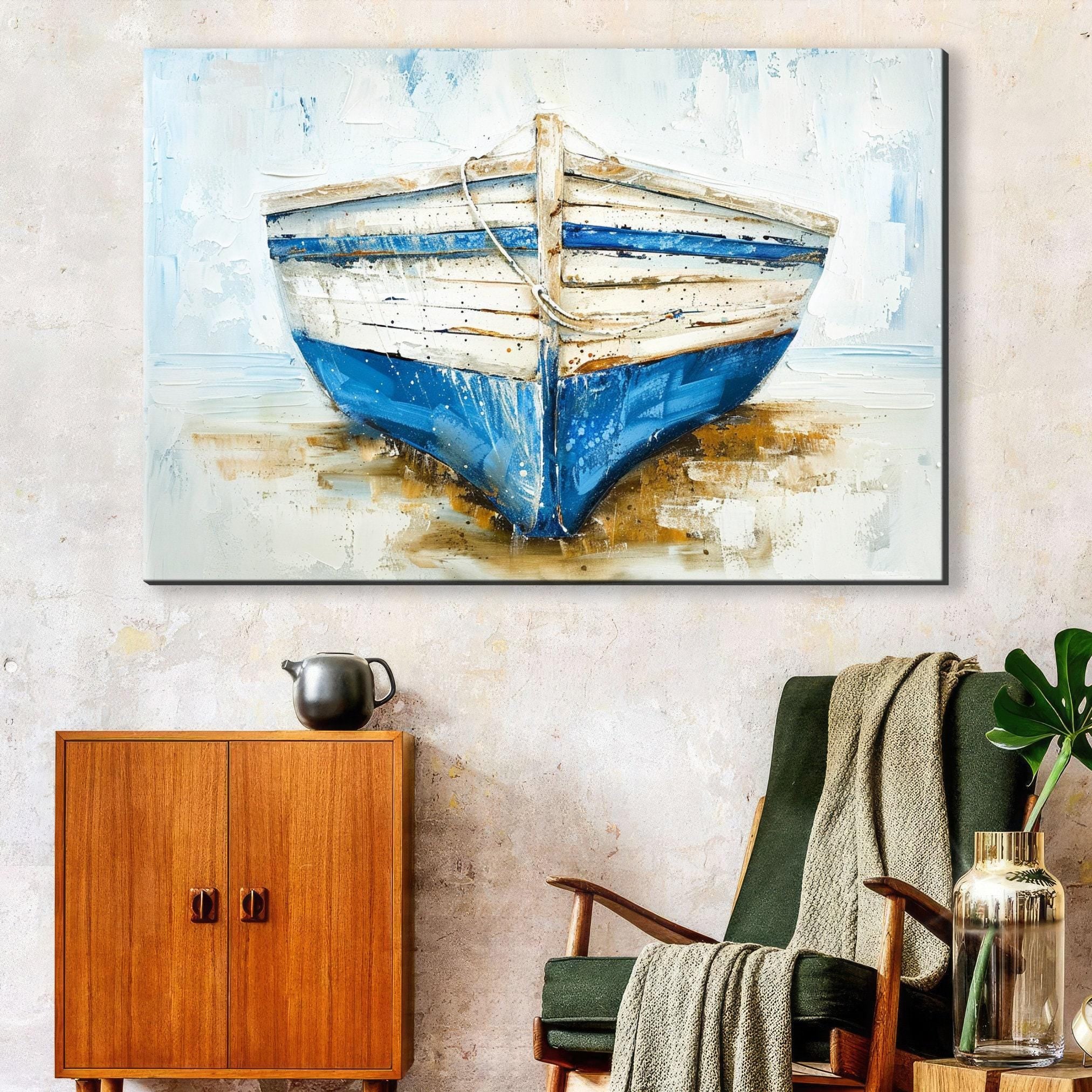 Coastal Blue White Boat - Gallery Wrapped Canvas | Extra Large Nautical Wall Art