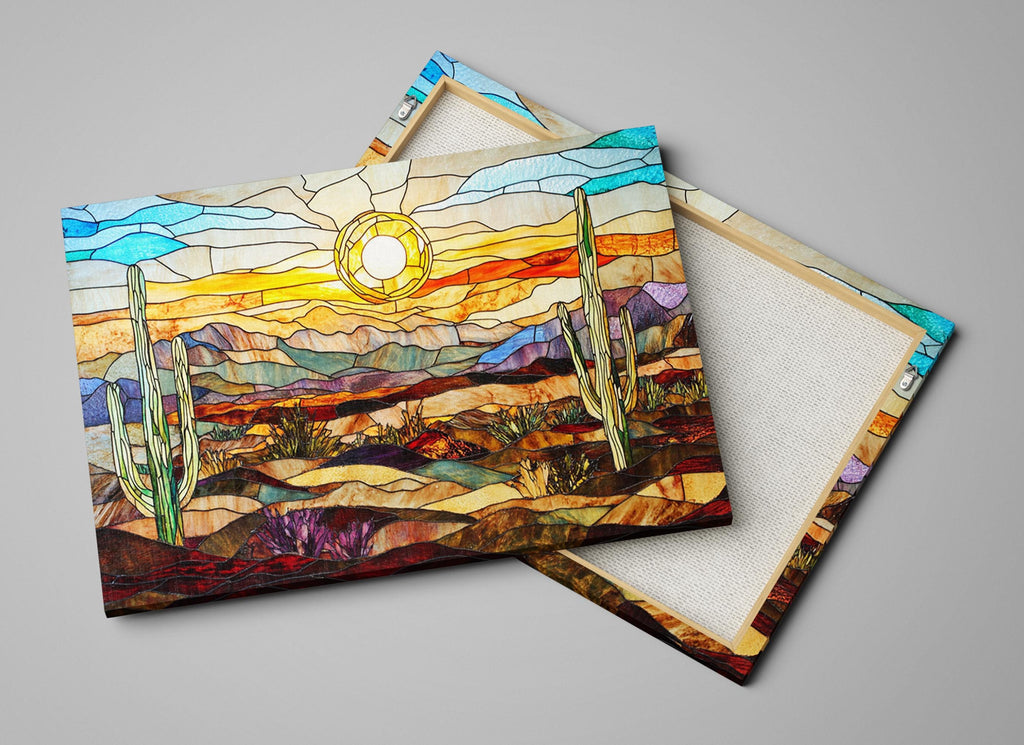 a pair of coasters with a painting of a desert scene
