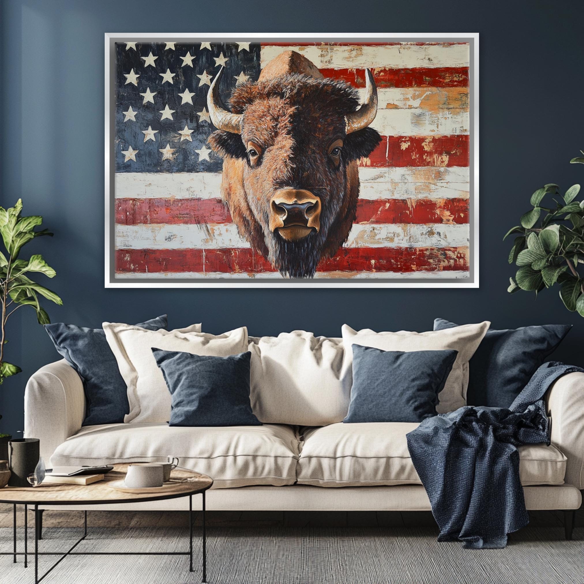 Patriotic Bison Canvas - Extra Large Framed Wall Art With American Flag