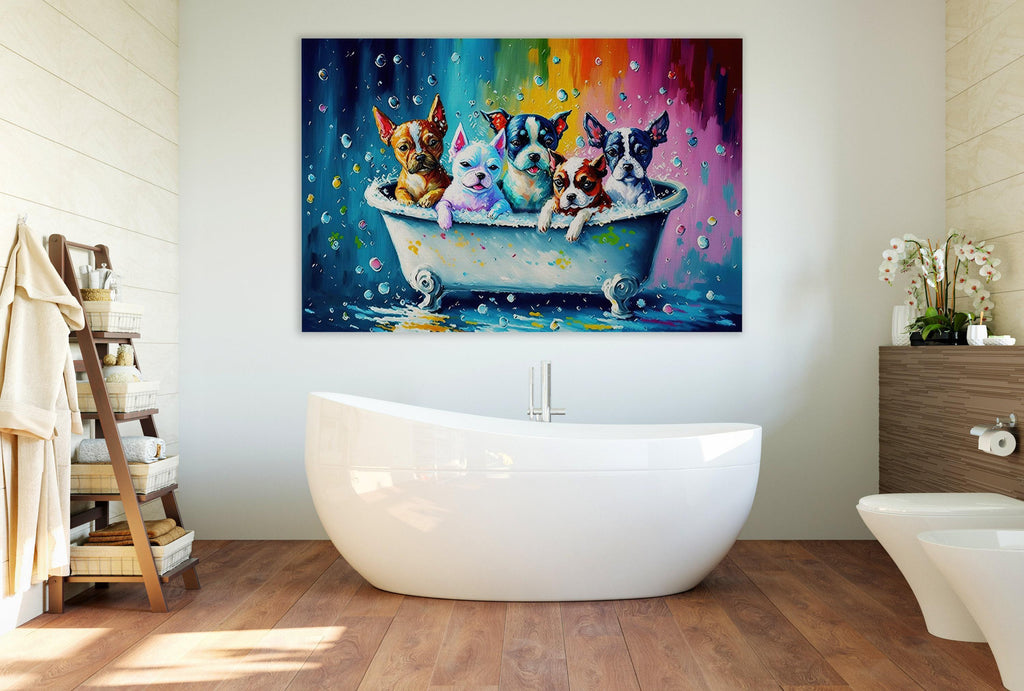 Dogs in Tub Art – Vibrant Puppy Canvas Print with Playful Bathroom Dog Scene