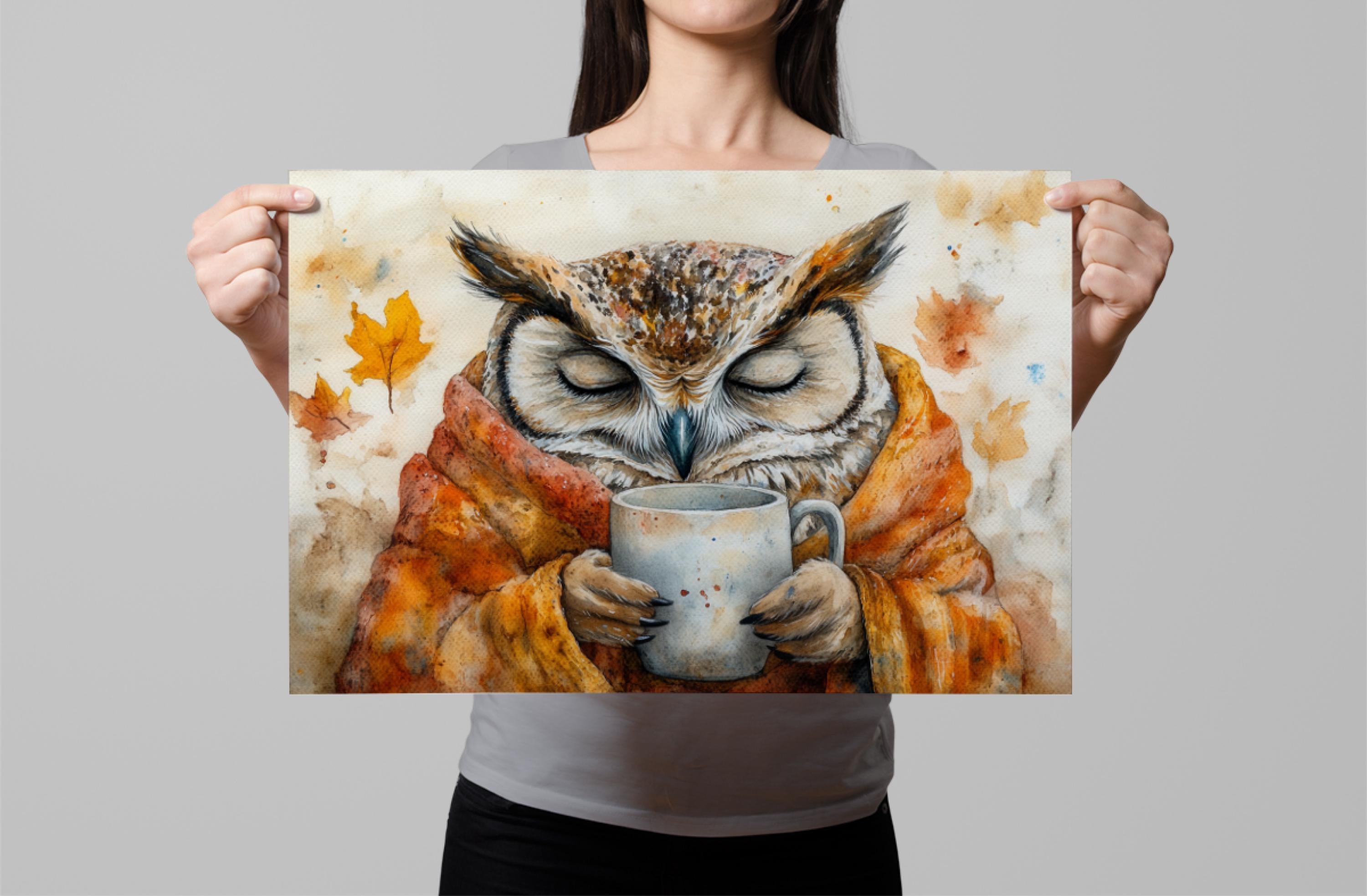 A woman holds up a framed painting depicting an owl wrapped in a blanket and holding a mug.