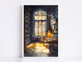 a serene and cozy library room with a large window, bookshelves filled with books, and a desk with a lamp, creating a warm and inviting atmosphere.
