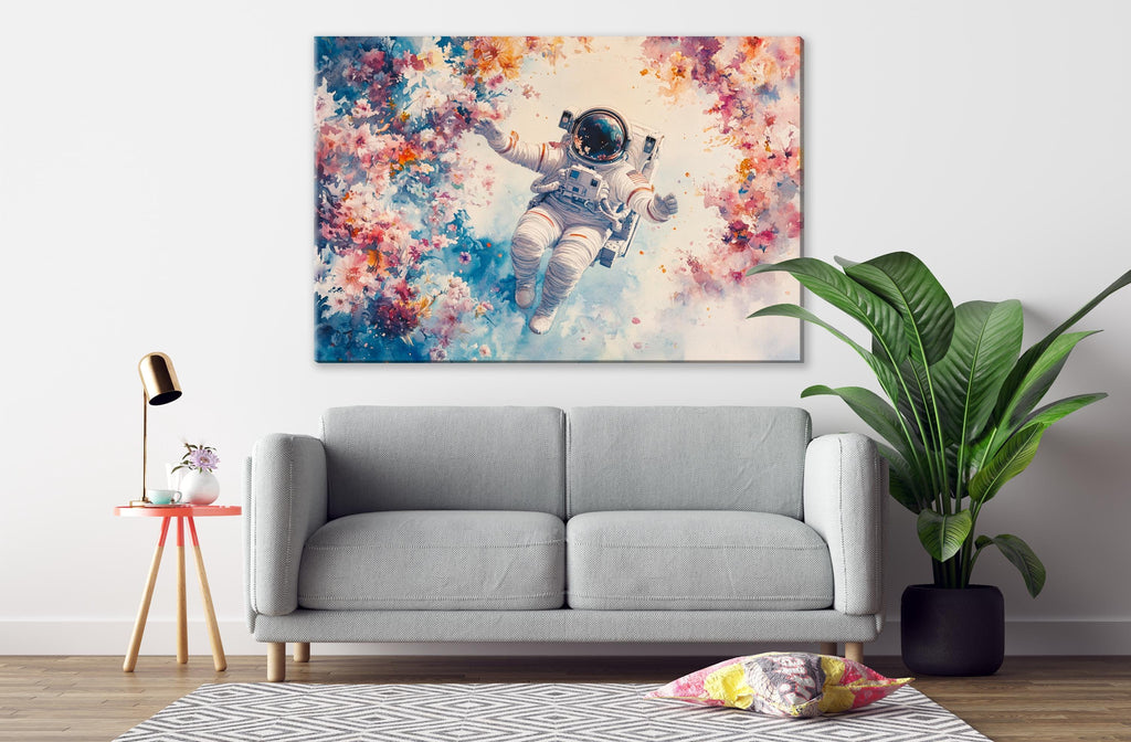 a gray sofa, a potted plant, a lamp, and a large painting of an astronaut floating in space.
