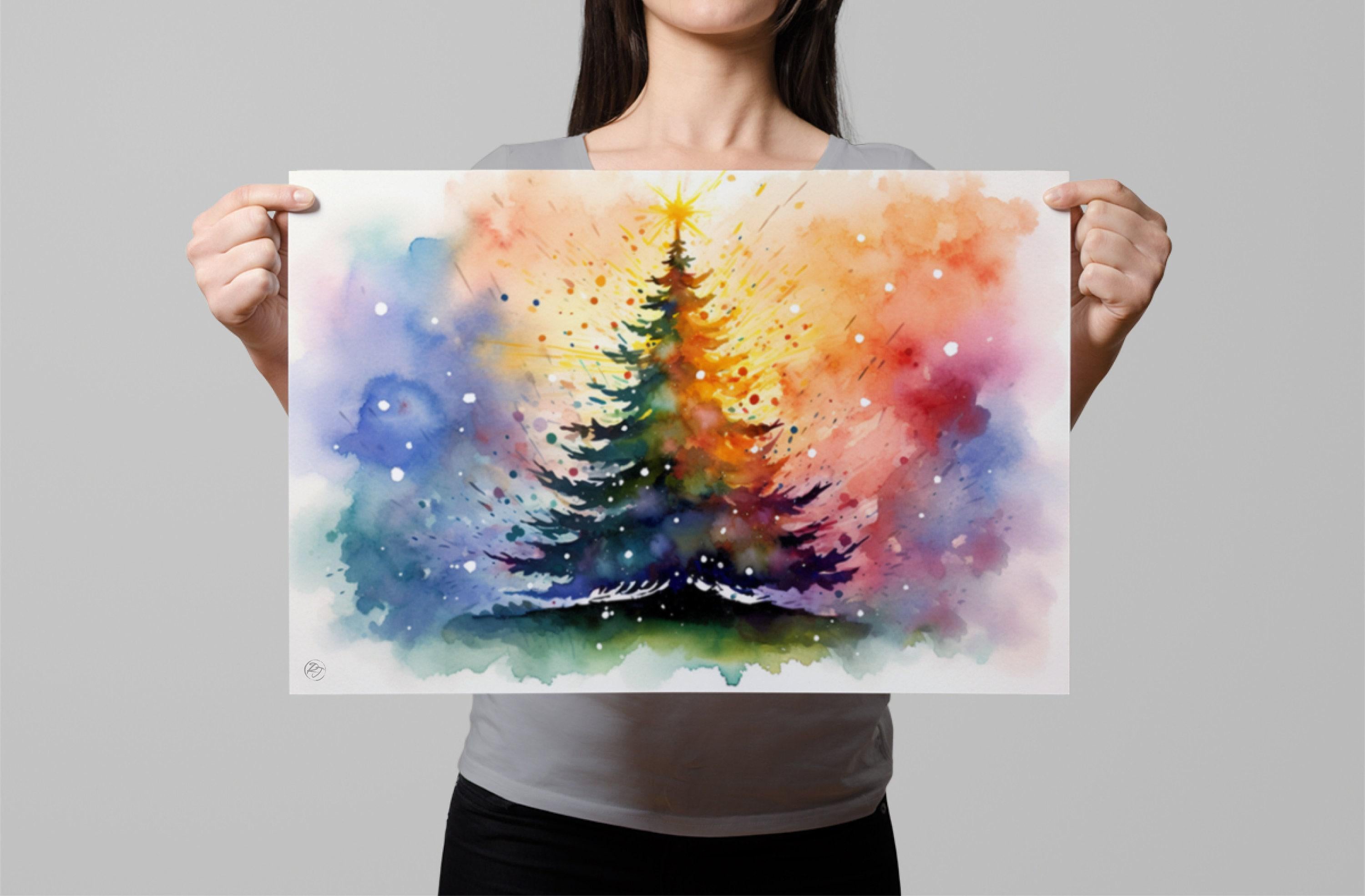 Charming Watercolor Christmas Tree - Winter Wonderland Art, Print on Canvas, Artist Paper, Watercolor Paper, Available in Extra Large Sizes