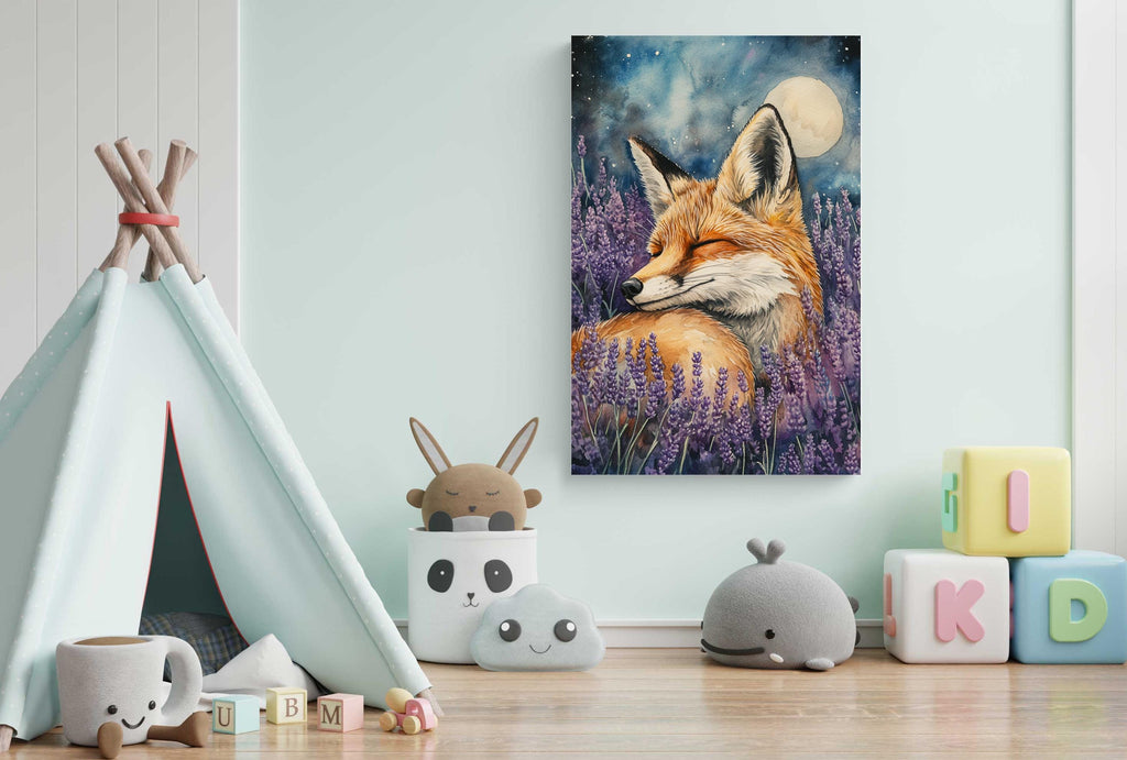 A cozy children's bedroom with a tiki tent, stuffed animals, and a painting of a sleeping fox in a field of lavender.