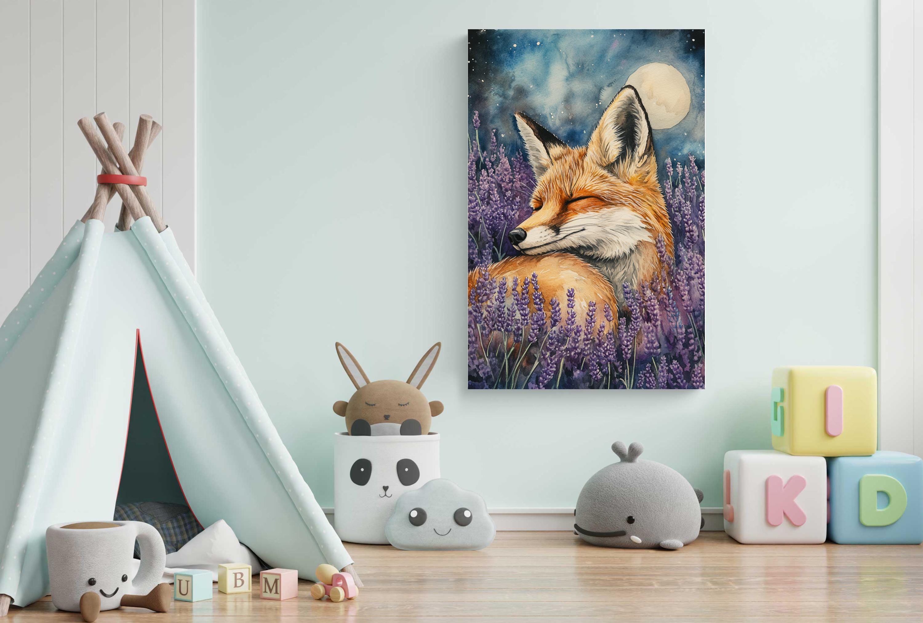 A cozy children's bedroom with a tiki tent, stuffed animals, and a painting of a sleeping fox in a field of lavender.