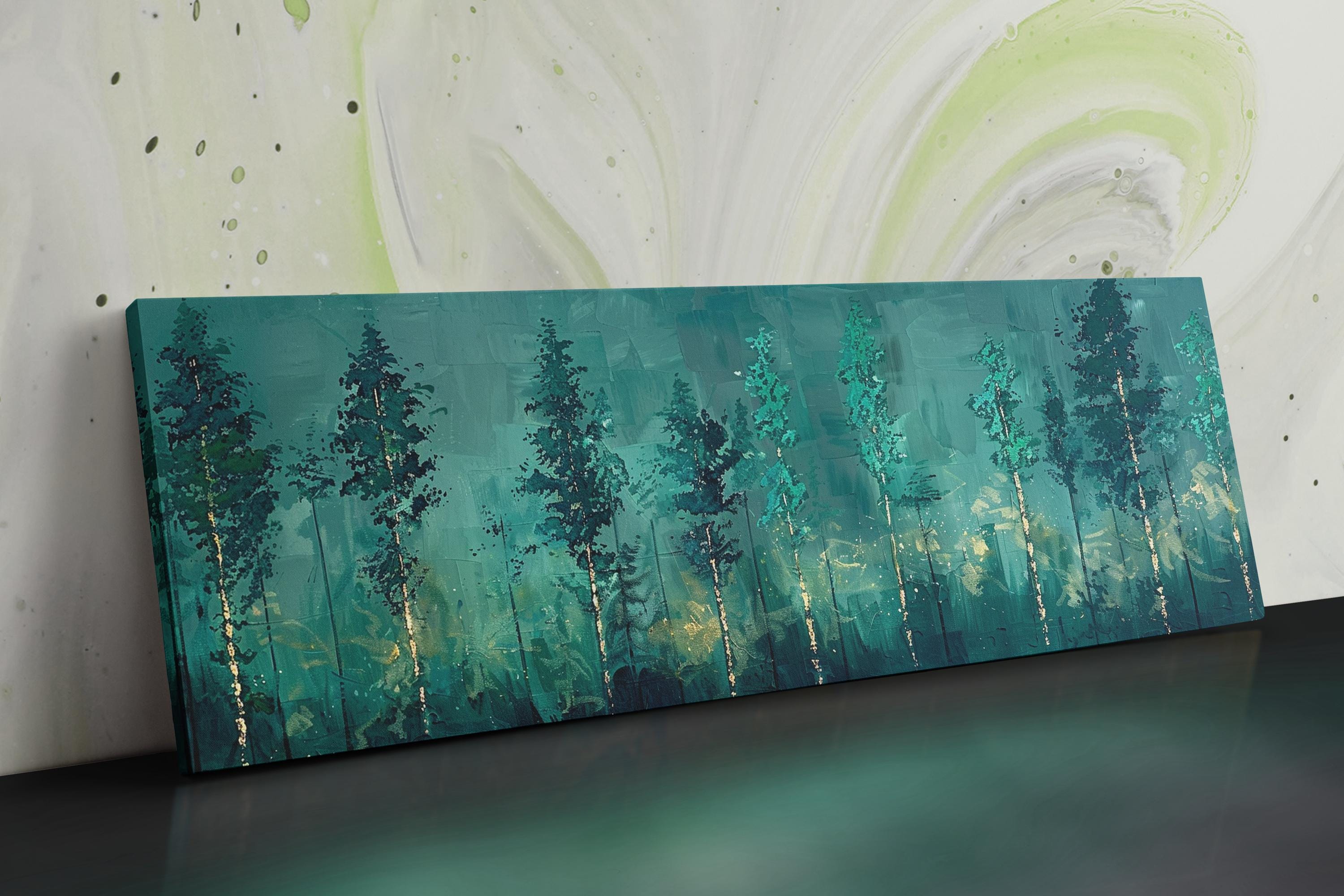 a painting of a green forest with white swirls