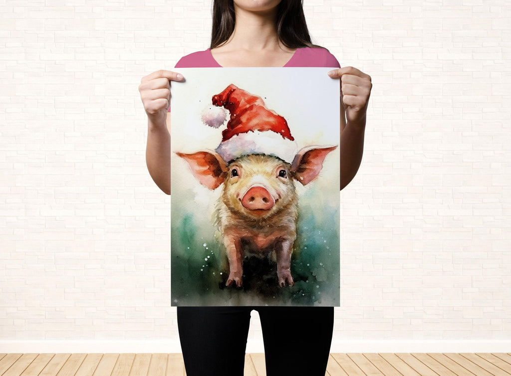 Festive Pig in Santa Hat Watercolor -  Christmas Art, Giclee Print on Canvas, Artist Paper, Watercolor Paper, Available in Extra Large Sizes