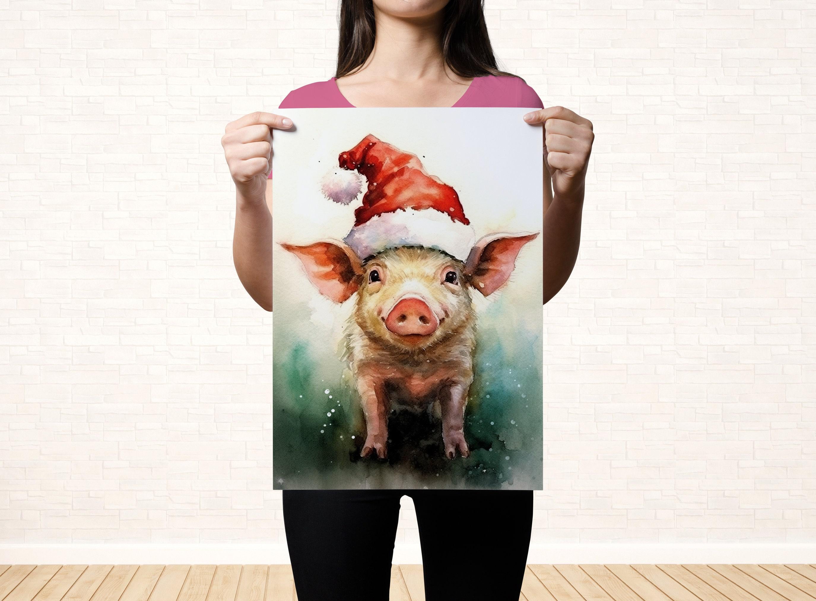 Festive Pig in Santa Hat Watercolor -  Christmas Art, Giclee Print on Canvas, Artist Paper, Watercolor Paper, Available in Extra Large Sizes