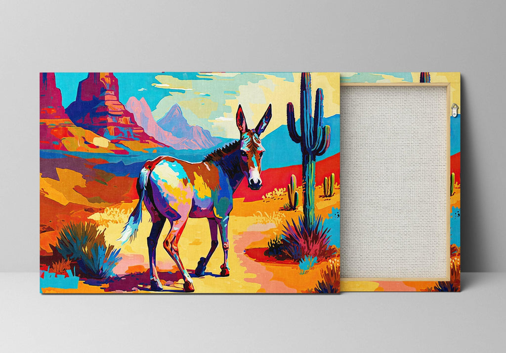 A vibrant painting depicting a donkey in a desert landscape with mountains in the background.