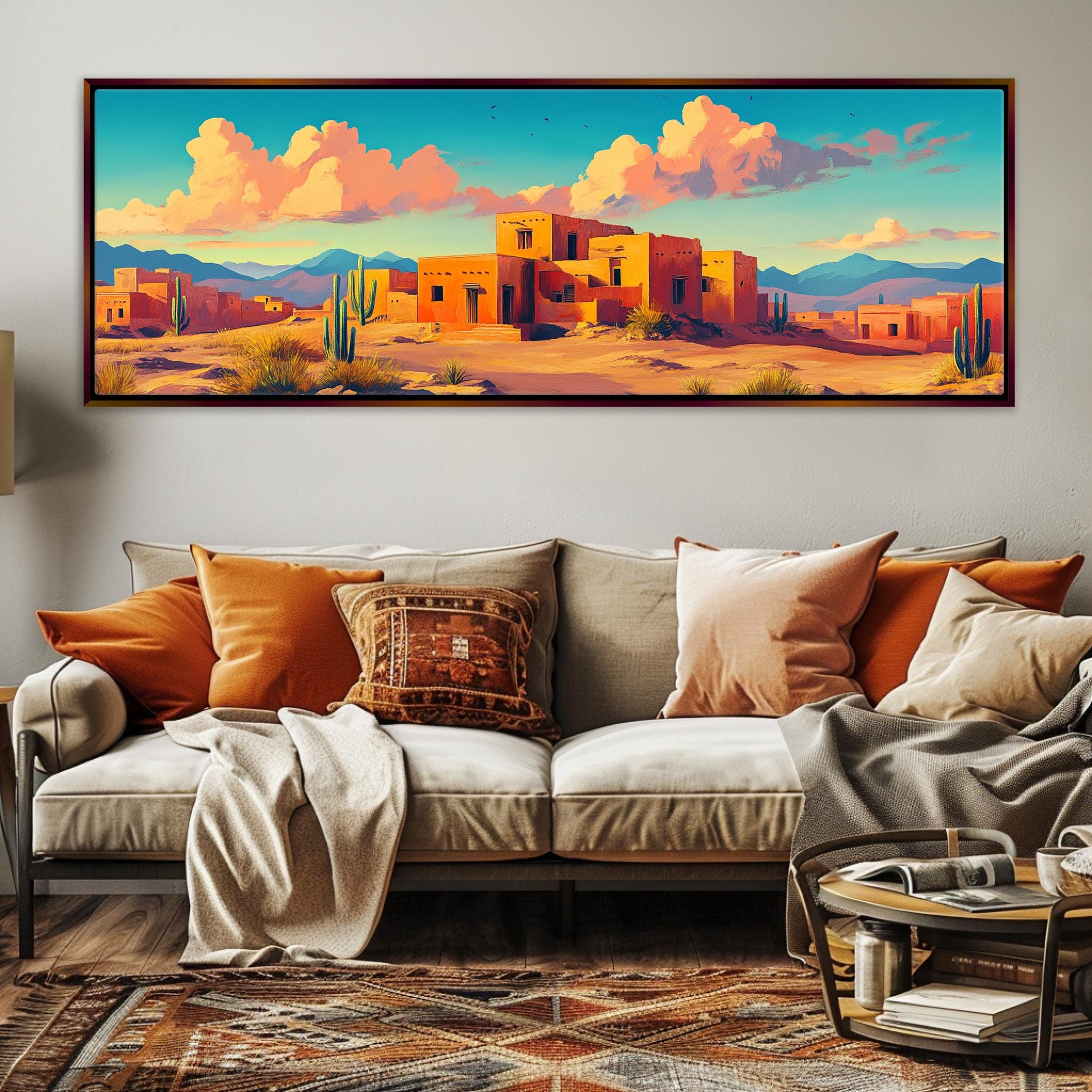 a living room with a couch and a painting on the wall