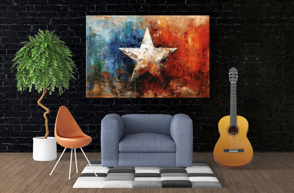 Texas Lone Star Wall Art – Large Canvas Art on Real Wood Frame with Acid Free Ink Print