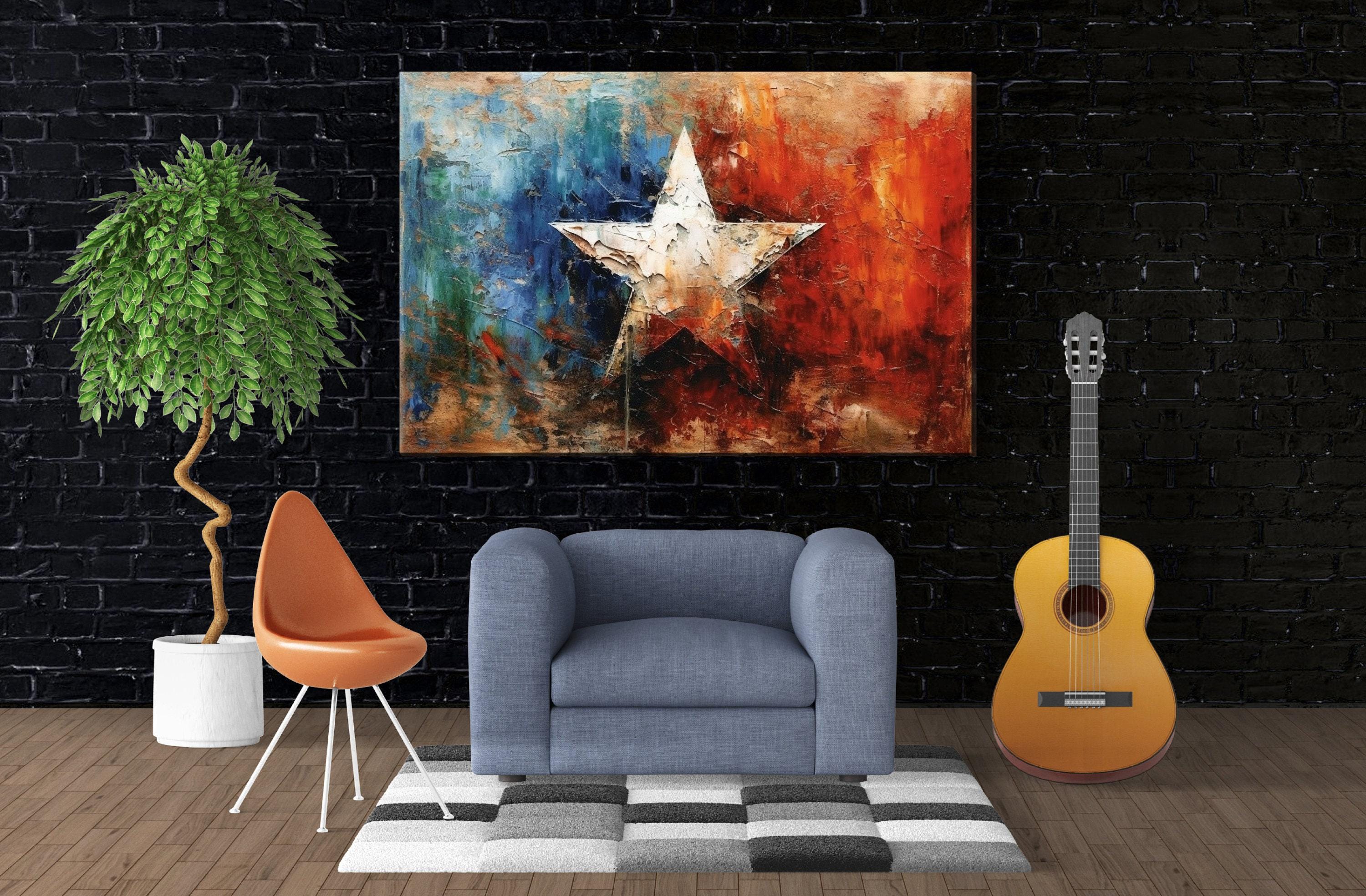 Texas Lone Star Wall Art – Large Canvas Art on Real Wood Frame with Acid Free Ink Print