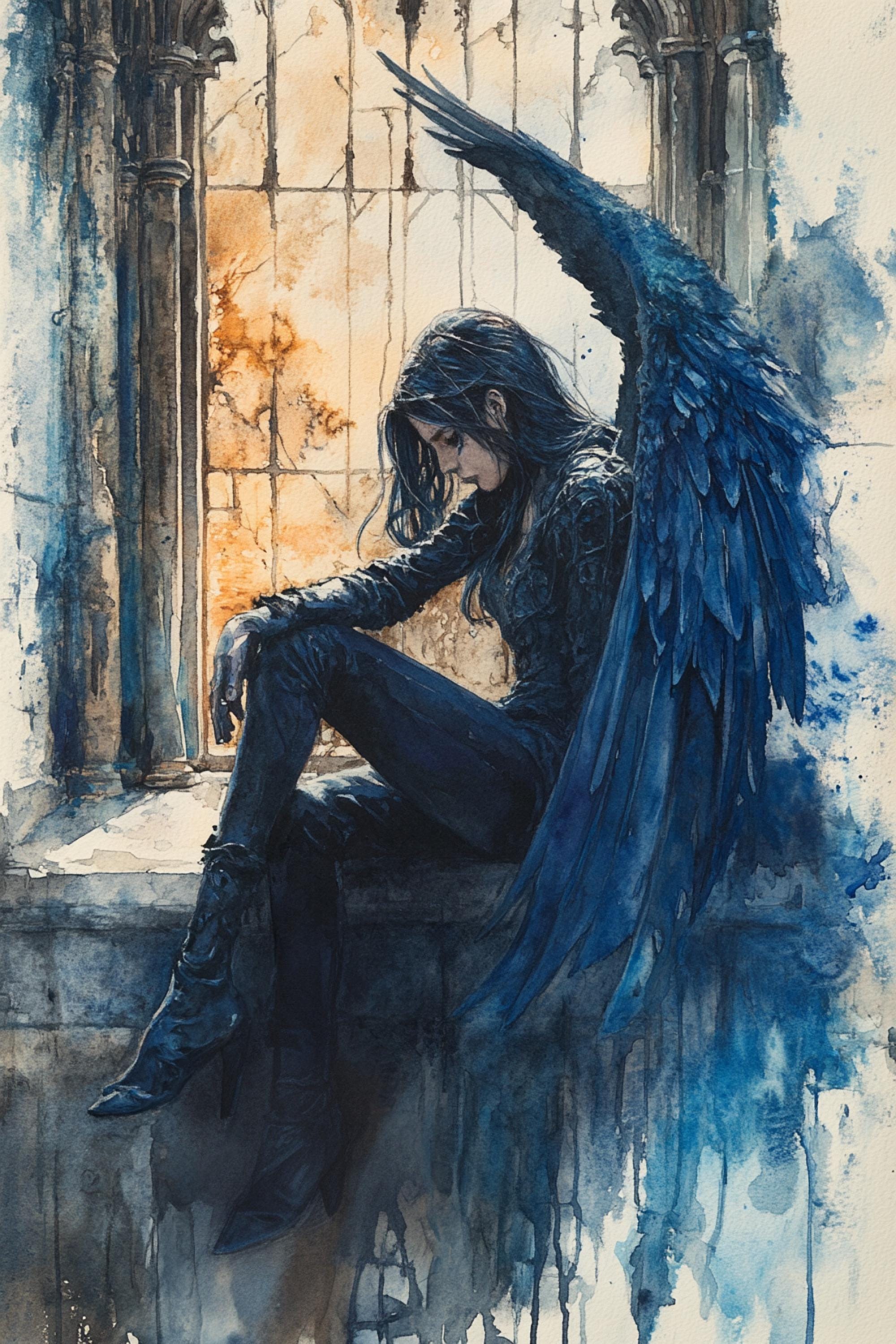 A dark-haired woman with long hair sits on a ledge, her arms crossed, with a large, blue wing spread out behind her.