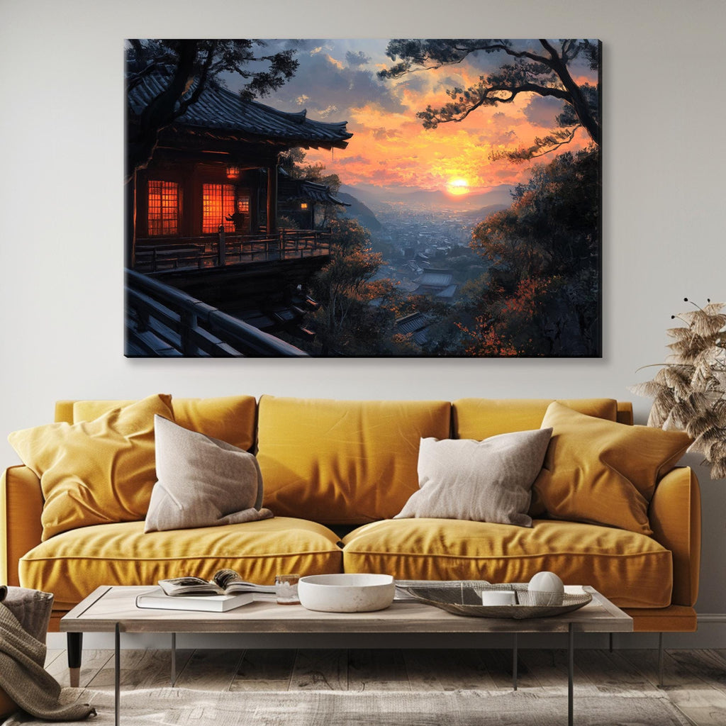 a living room with a couch and a painting on the wall