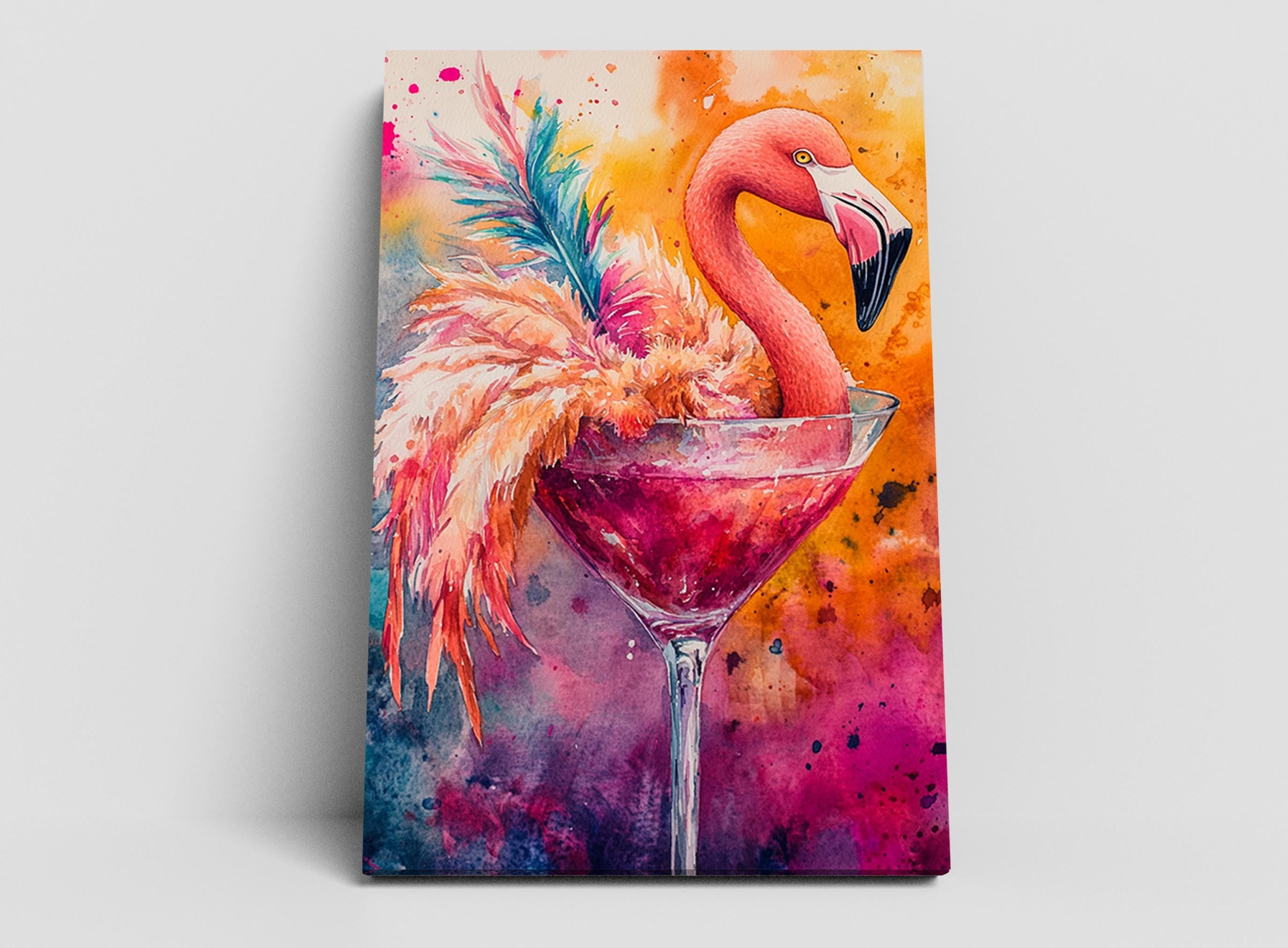 A vibrant painting depicting a flamingo perched on a martini glass, with a splash of colors and patterns surrounding the scene.