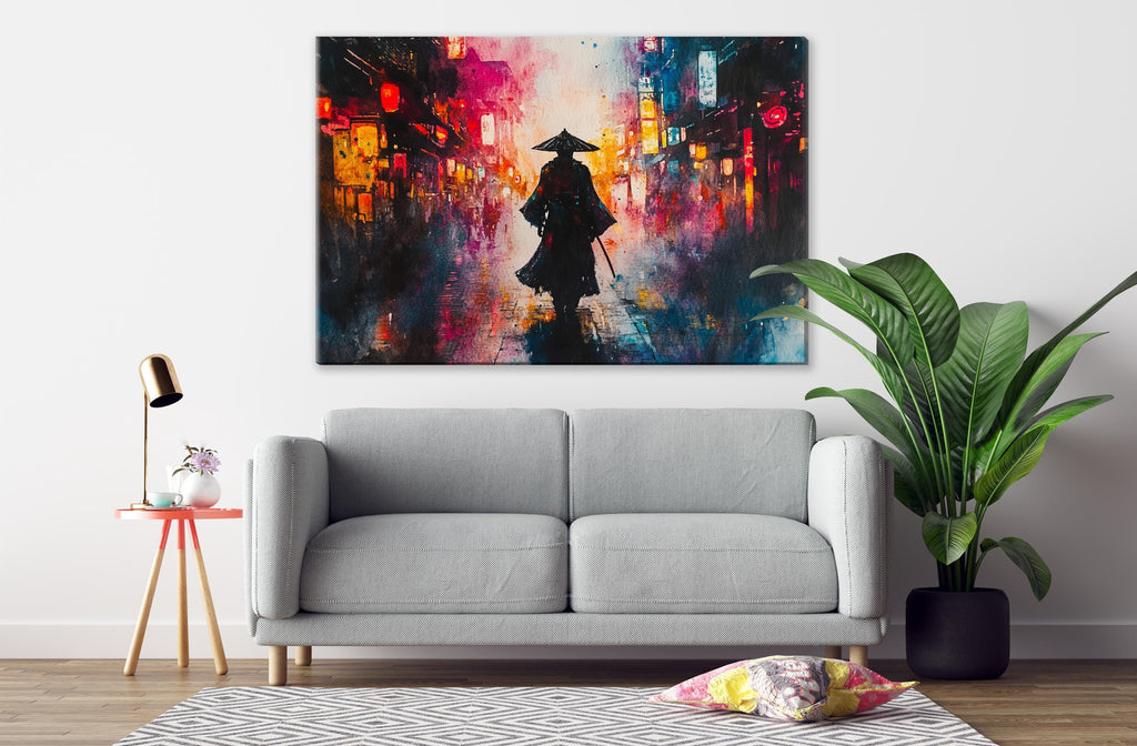 a gray sofa in a living room with a large, colorful painting of a person in a traditional Asian outfit hanging on the wall above it.