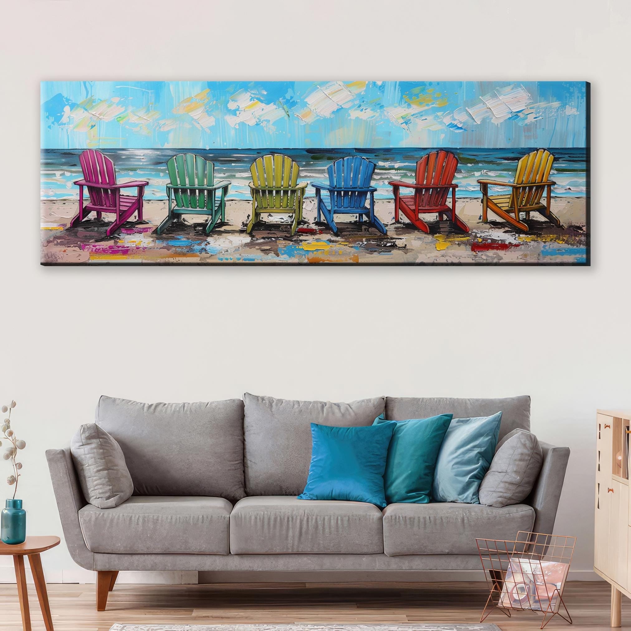 a living room with a couch and a painting on the wall