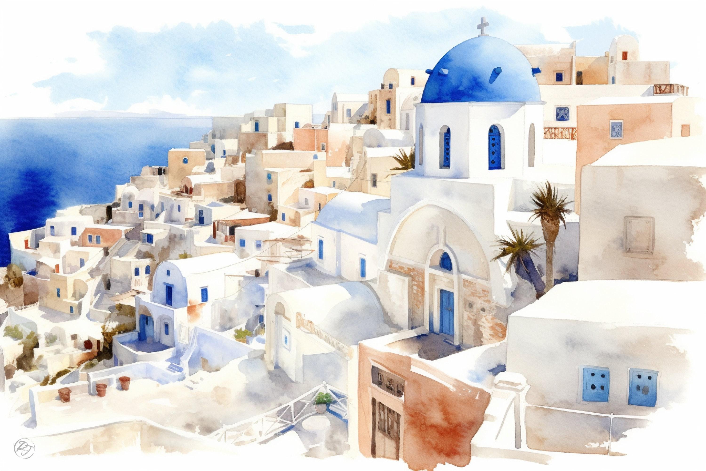 Greek Island Escape: Santorini Watercolor Wall Decor, Giclee Print on Canvas, Artist Paper, Watercolor Paper, Available in Extra Large Sizes