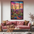 a living room with a couch and a painting on the wall