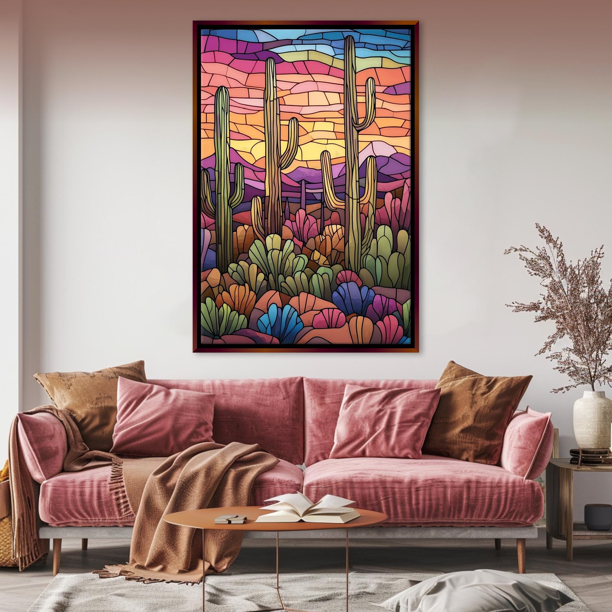 a living room with a couch and a painting on the wall