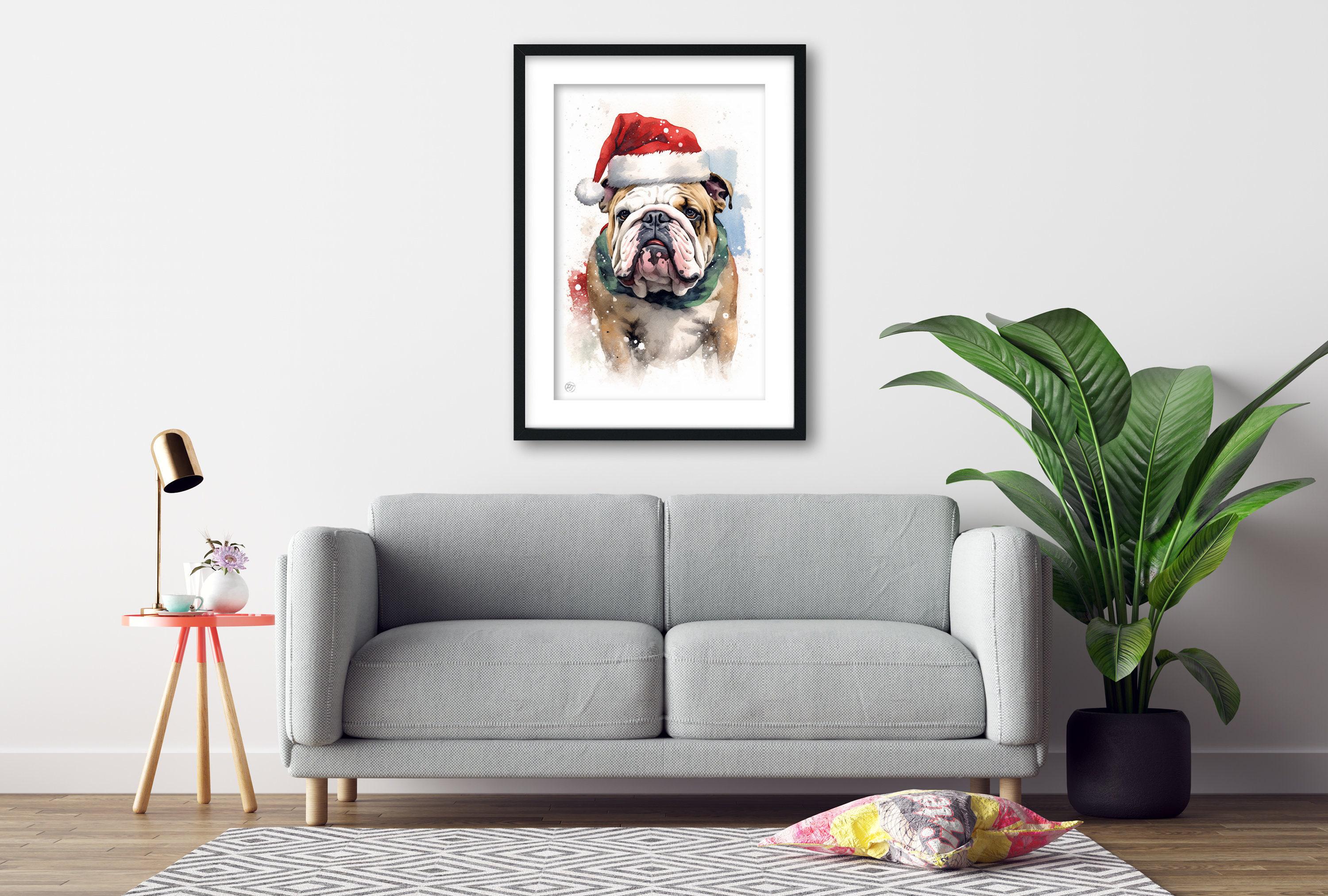 Festive English Bulldog in Santa Hat Watercolor Art, Giclee Print on Canvas, Artist Paper, Watercolor Paper, Available in Extra Large Sizes