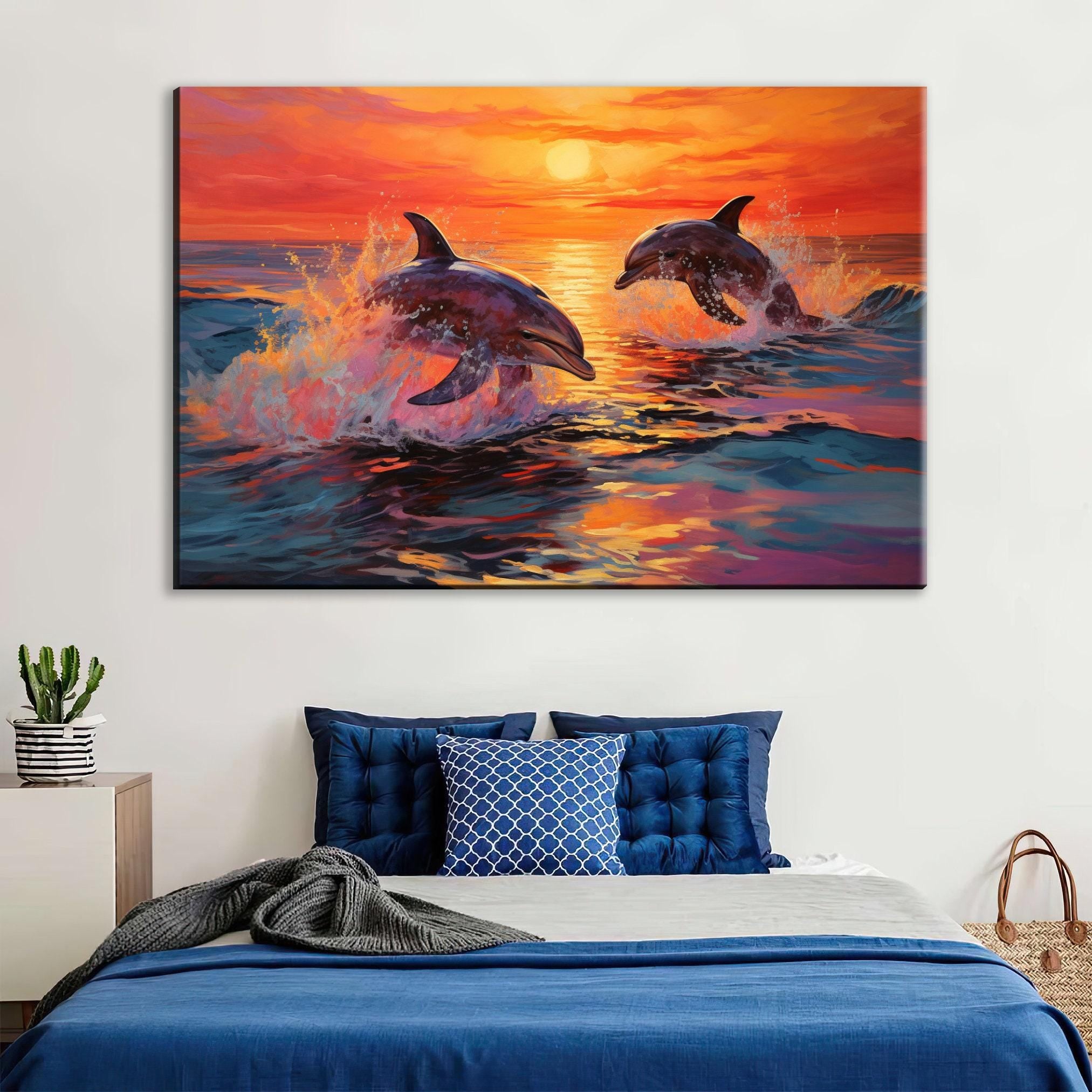 Dolphin Canvas Art – Tropical Dolphin Painting on UV Coated Large Canvas Wall Decor