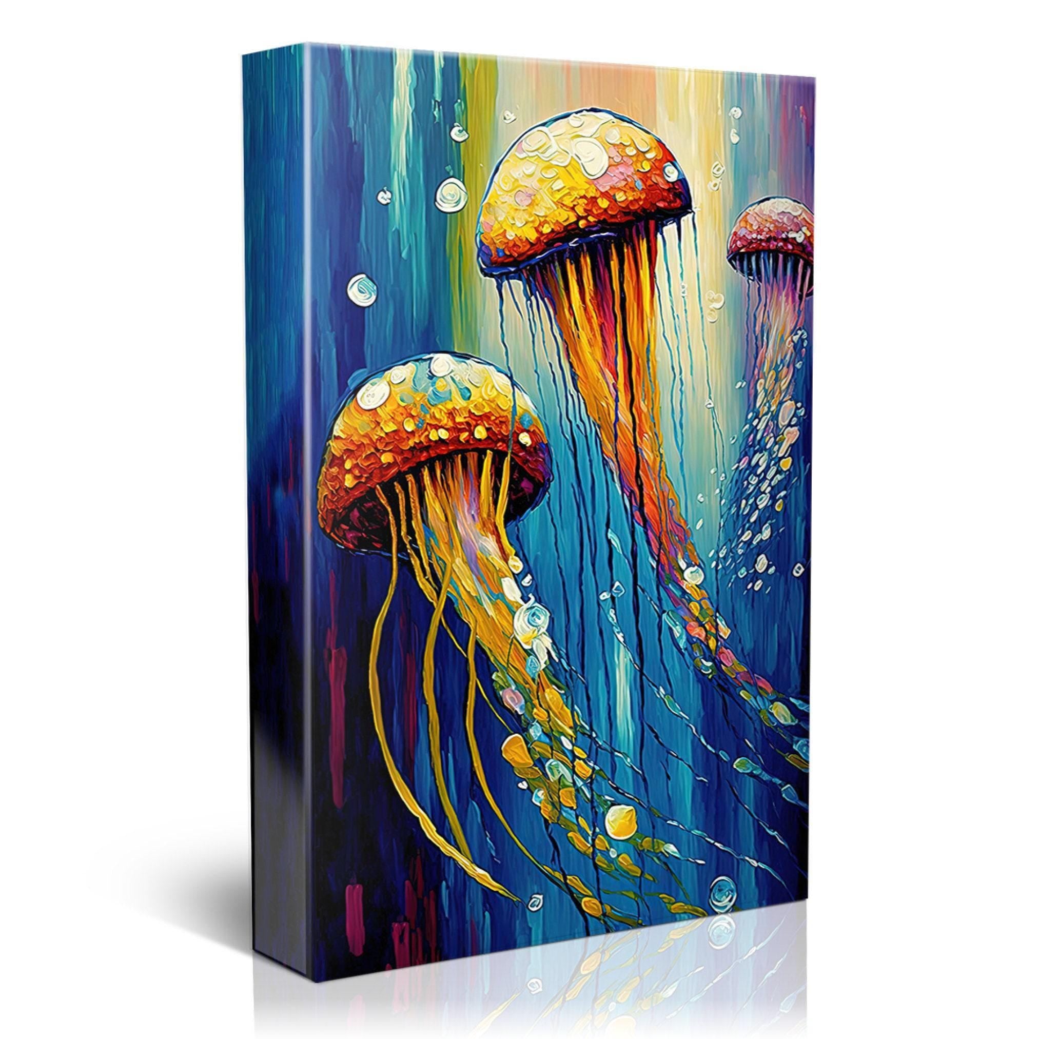 Jellyfish Art Print – Vibrant Trio Jellyfish Painting on Underwater Canvas